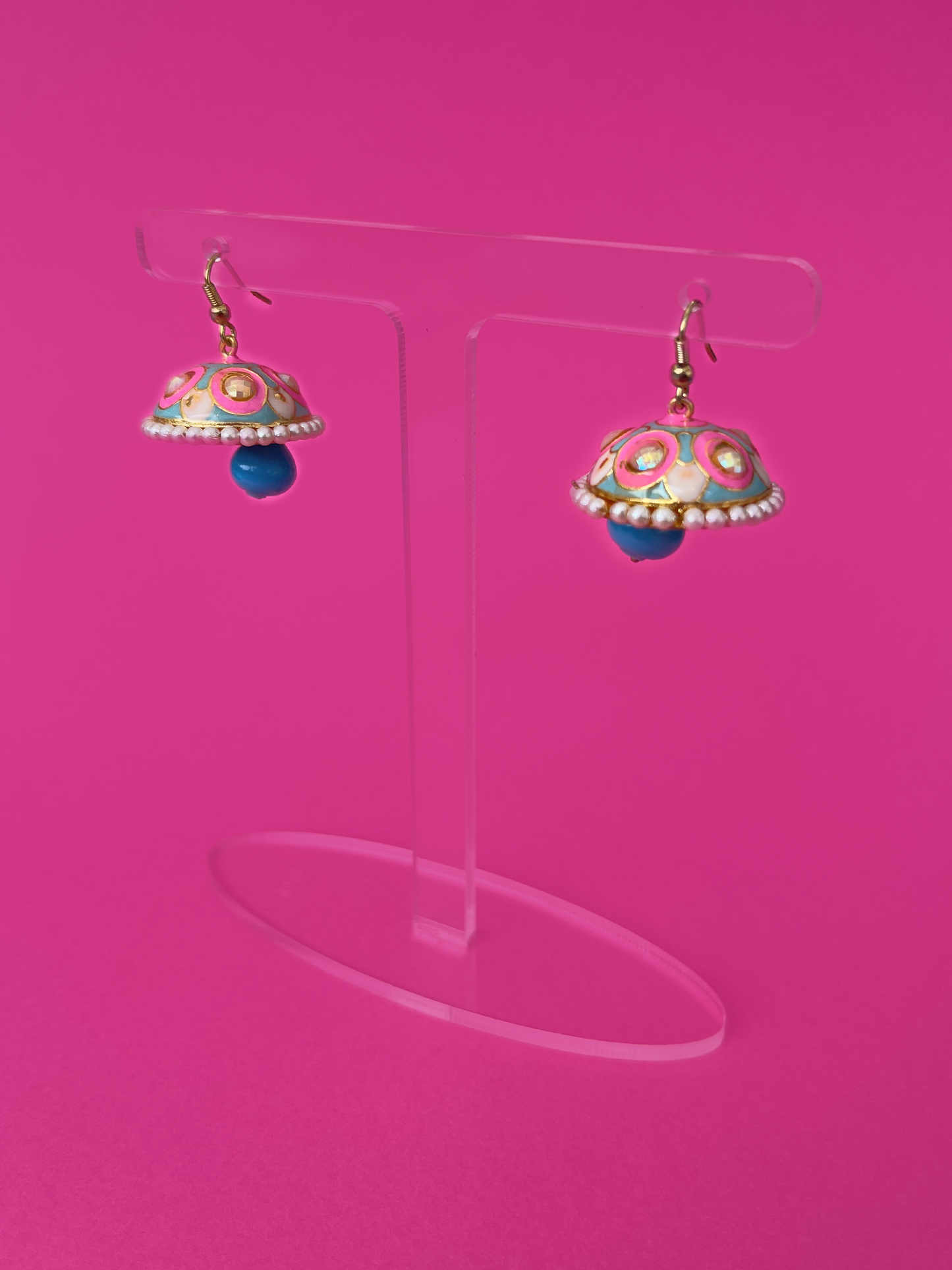 Pink and Teal Meenakari Jhoomka with Blue Stone and Hook