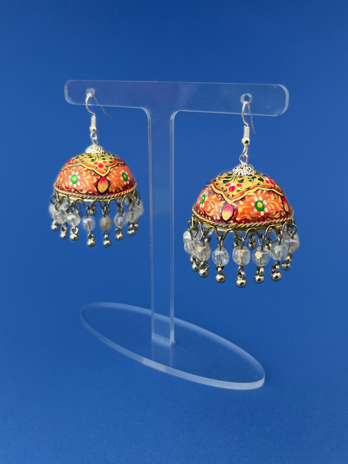 Orange and Gold Hand-Painted Silver-Plated Jhoomka with Hook and Clear Beads