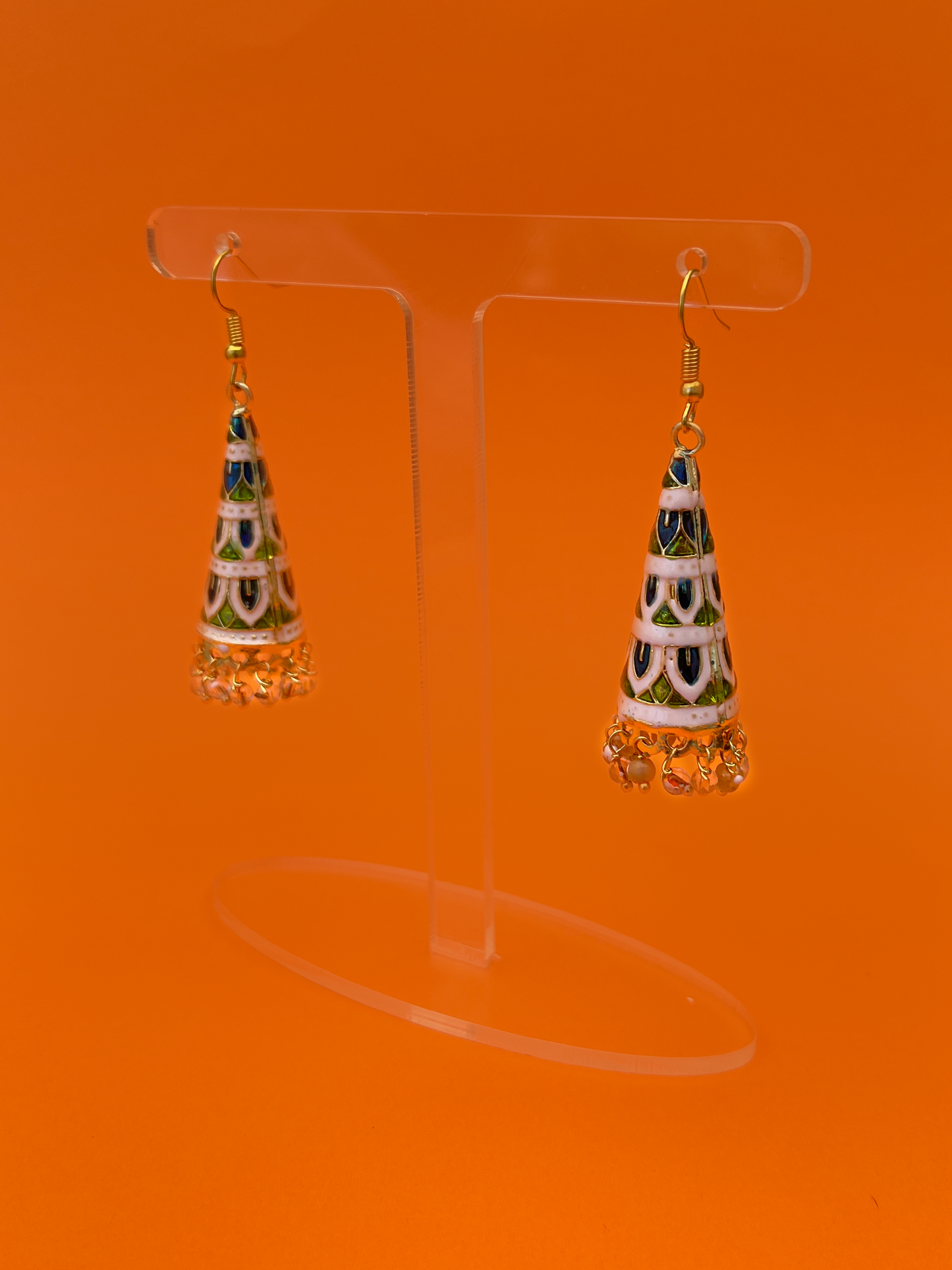 White, Green and Blue Cone-Shaped Meenakari Jhoomka with Hook