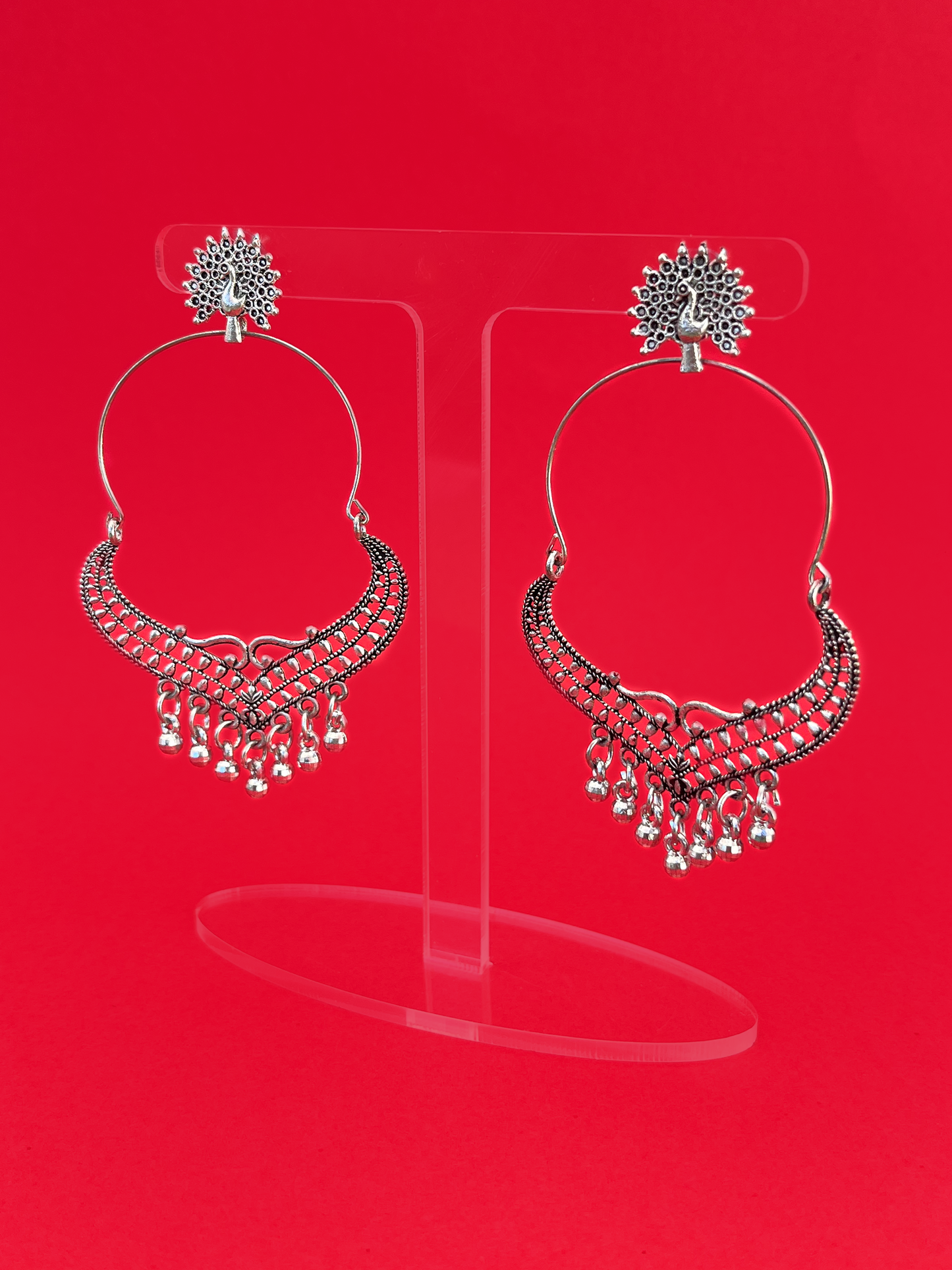 Silver-Plated Oxidised Chandbali Jhoomka with Stem
