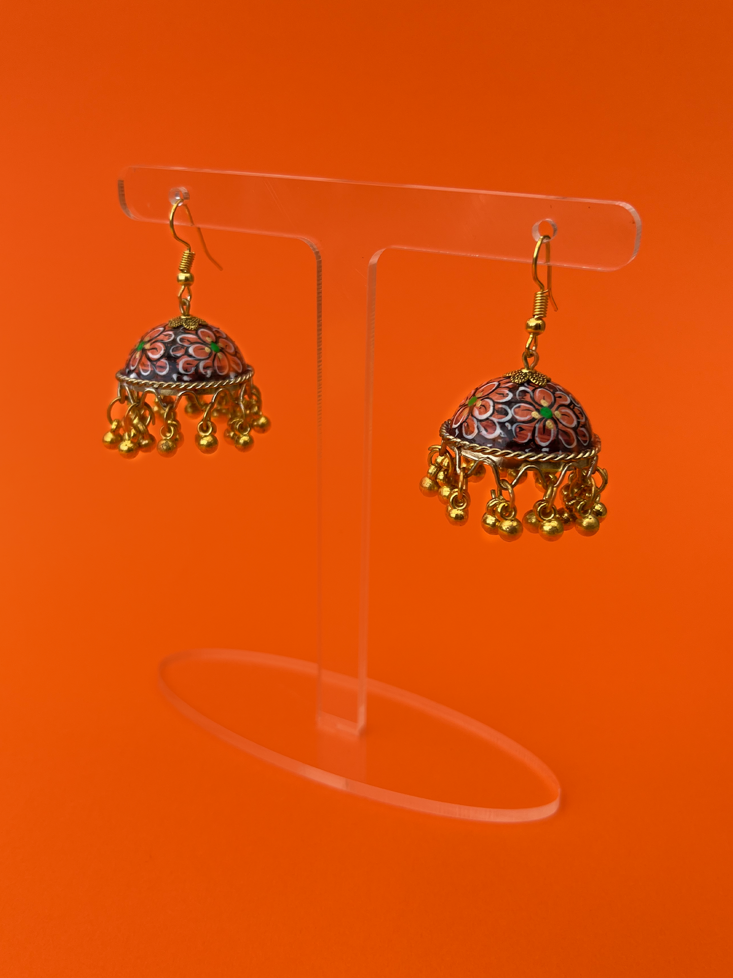 Orange and Maroon Hand-Painted Gold-Plated Jhoomka with Hook