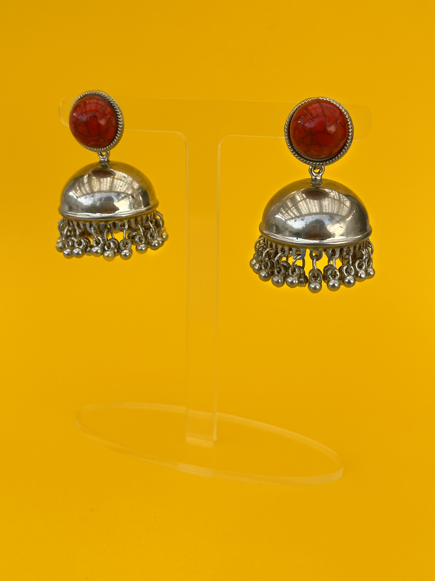 Dome-Style Silver-Plated Jhoomka with Red Stone