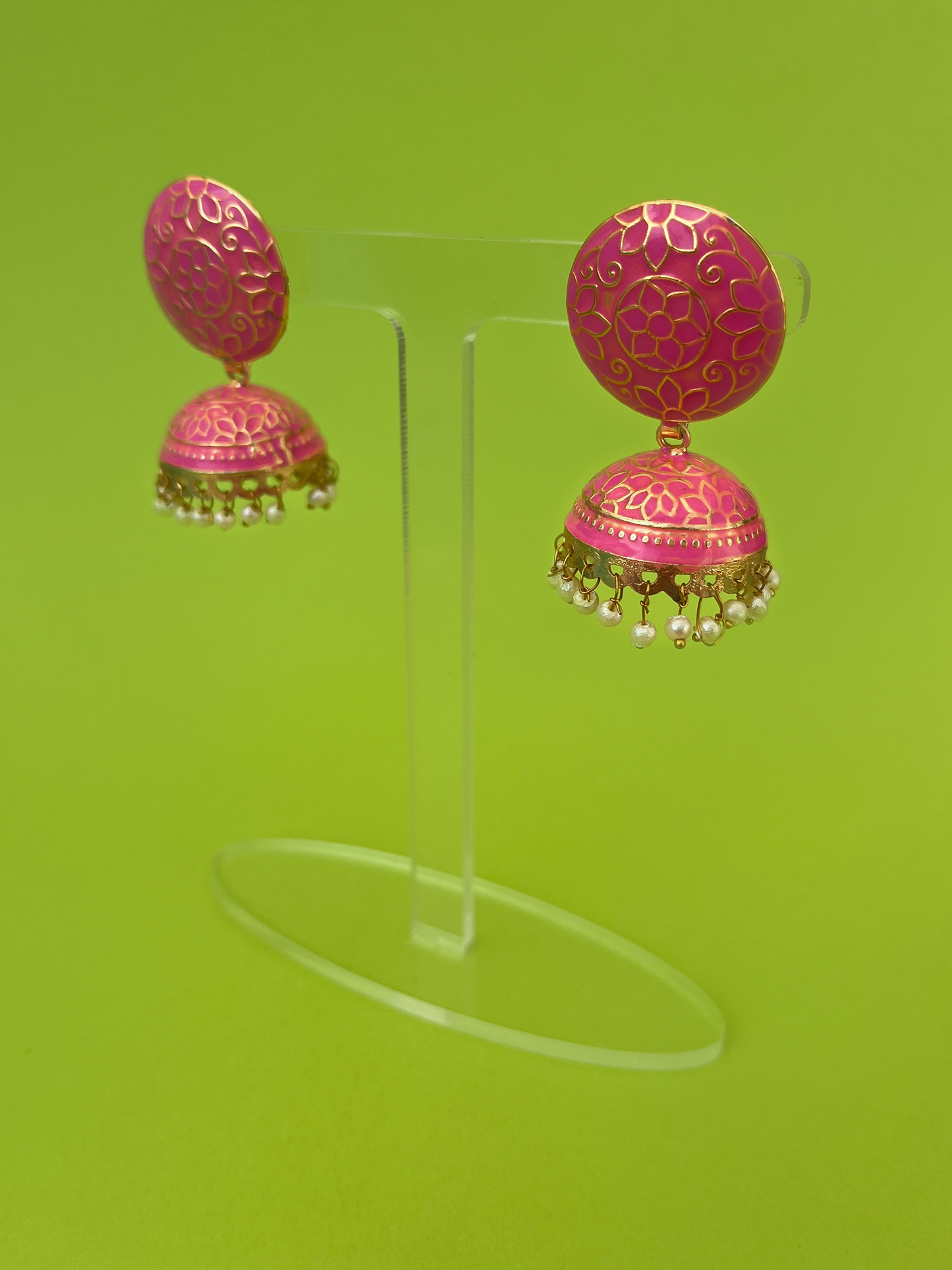Strawberry Pink Meenakari Jhoomka with Floral Design
