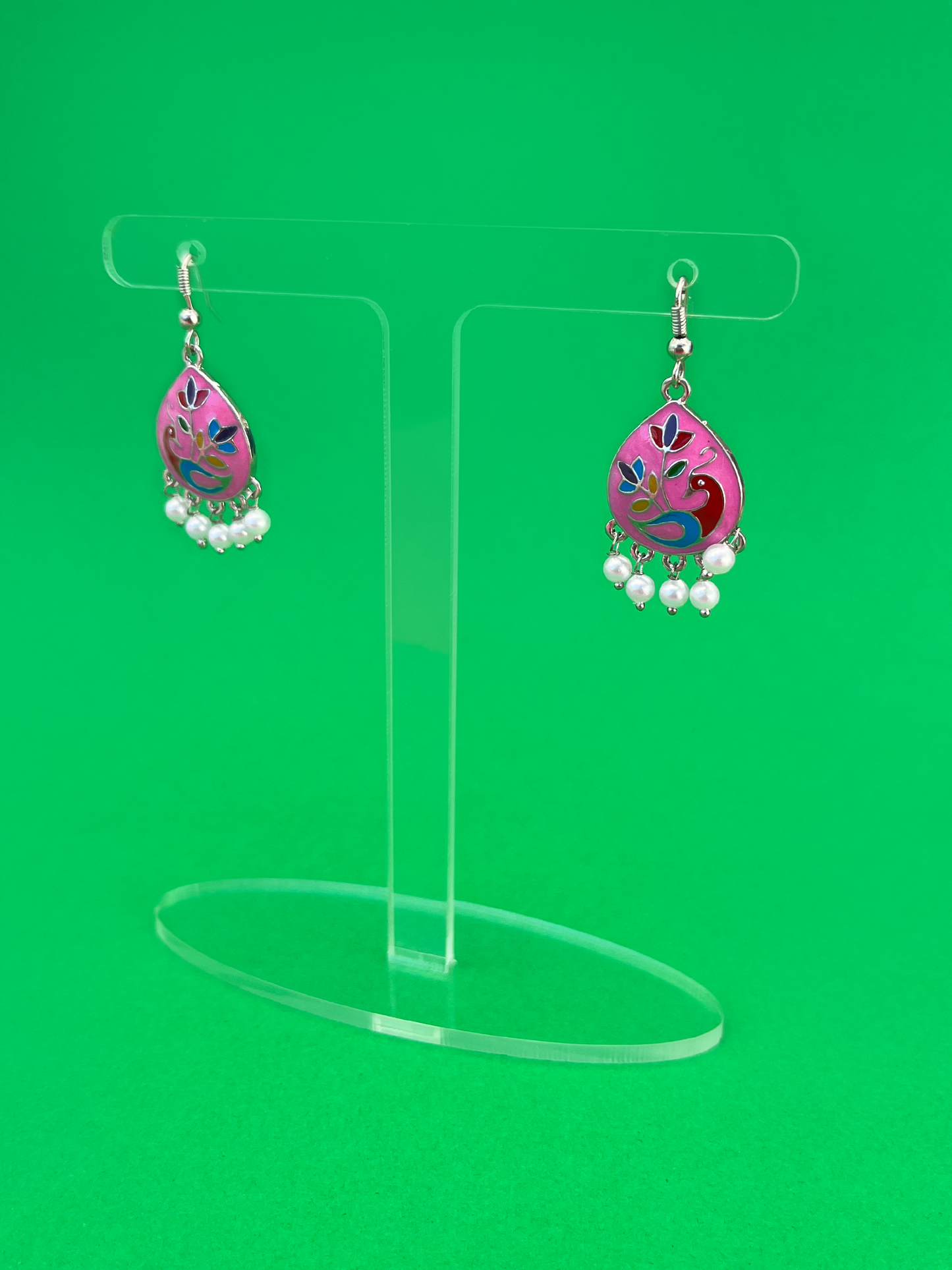 Pink Teardrop-Shaped Silver-Plated Pink Jhoomka with Hook
