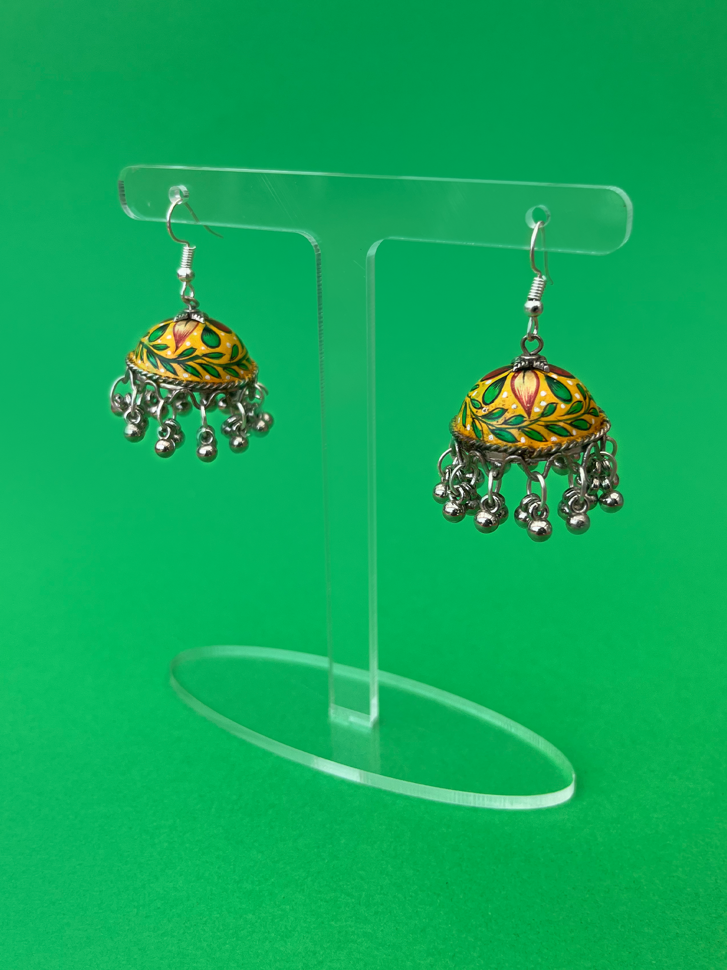 Mustard Yellow and Green Hand-Painted Silver-Plated Jhoomka with Hook
