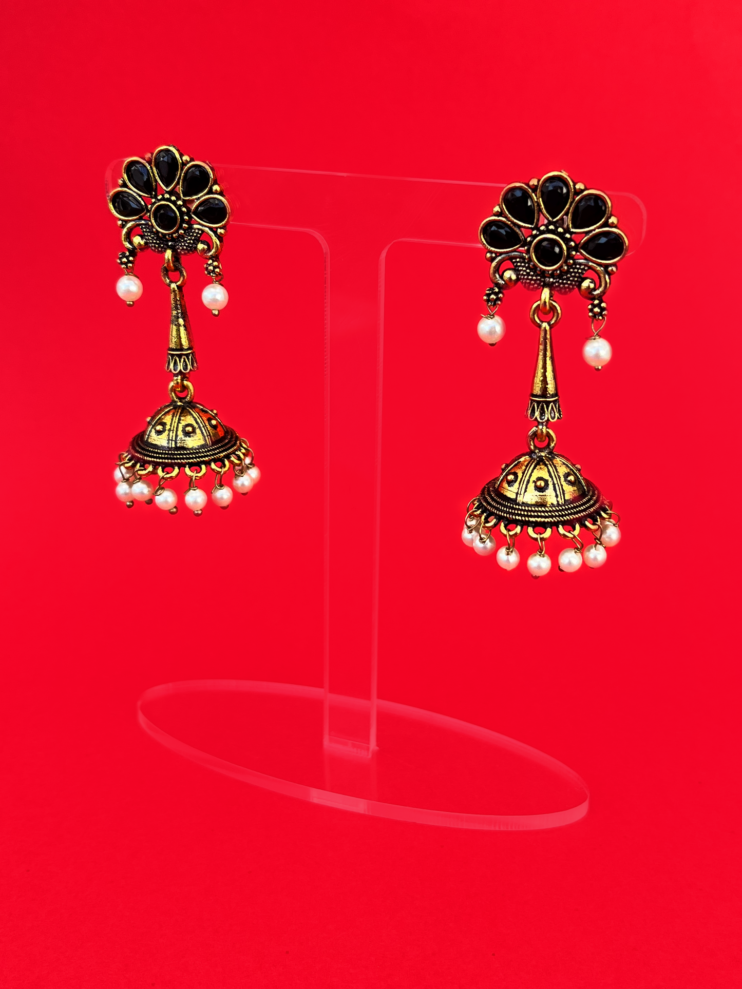 Floral-Style Gold-Plated Jhoomka with Black Stones