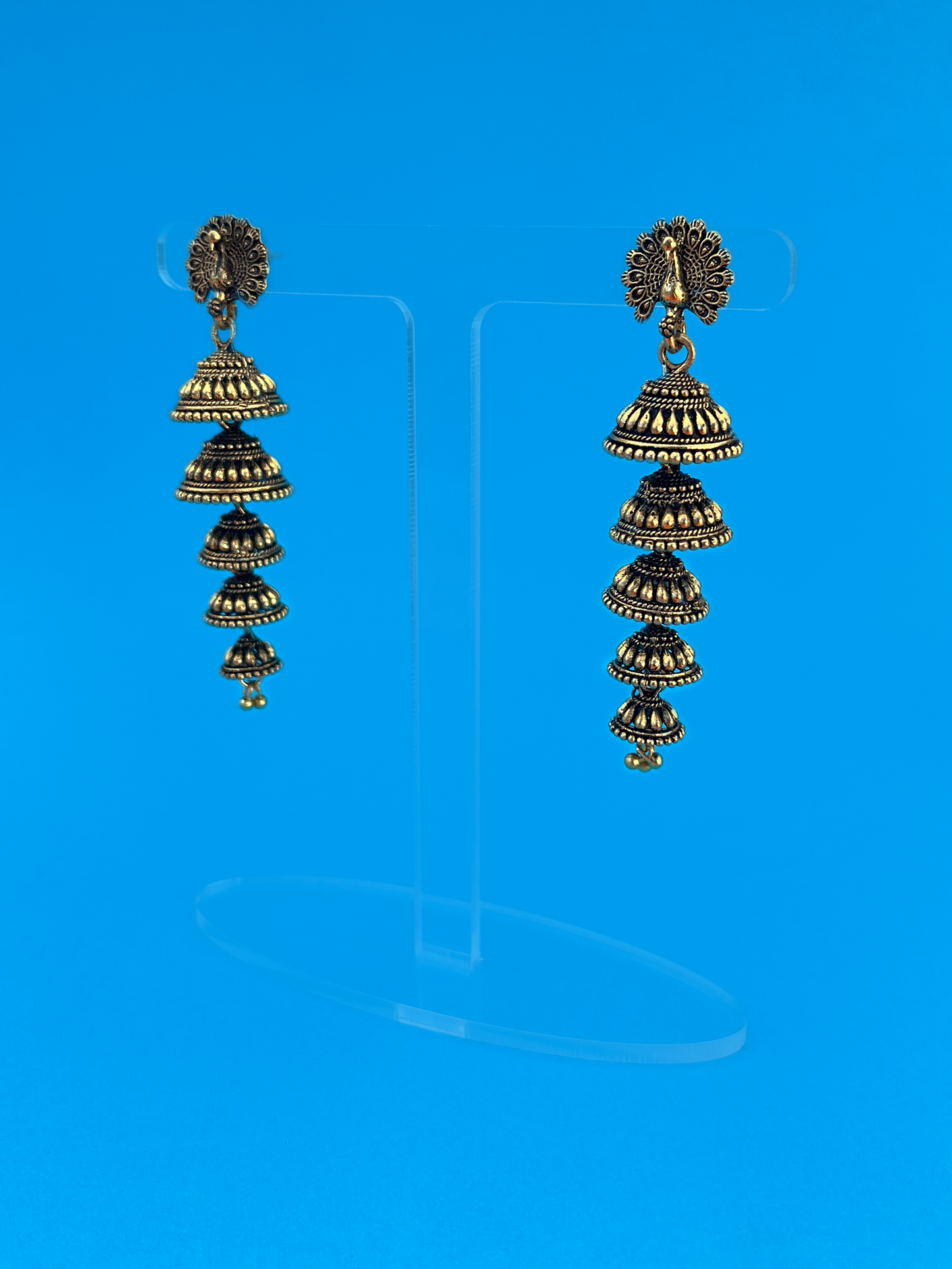 Five-Layered Gold-Plated Oxidised Jhoomka with Peacock Design