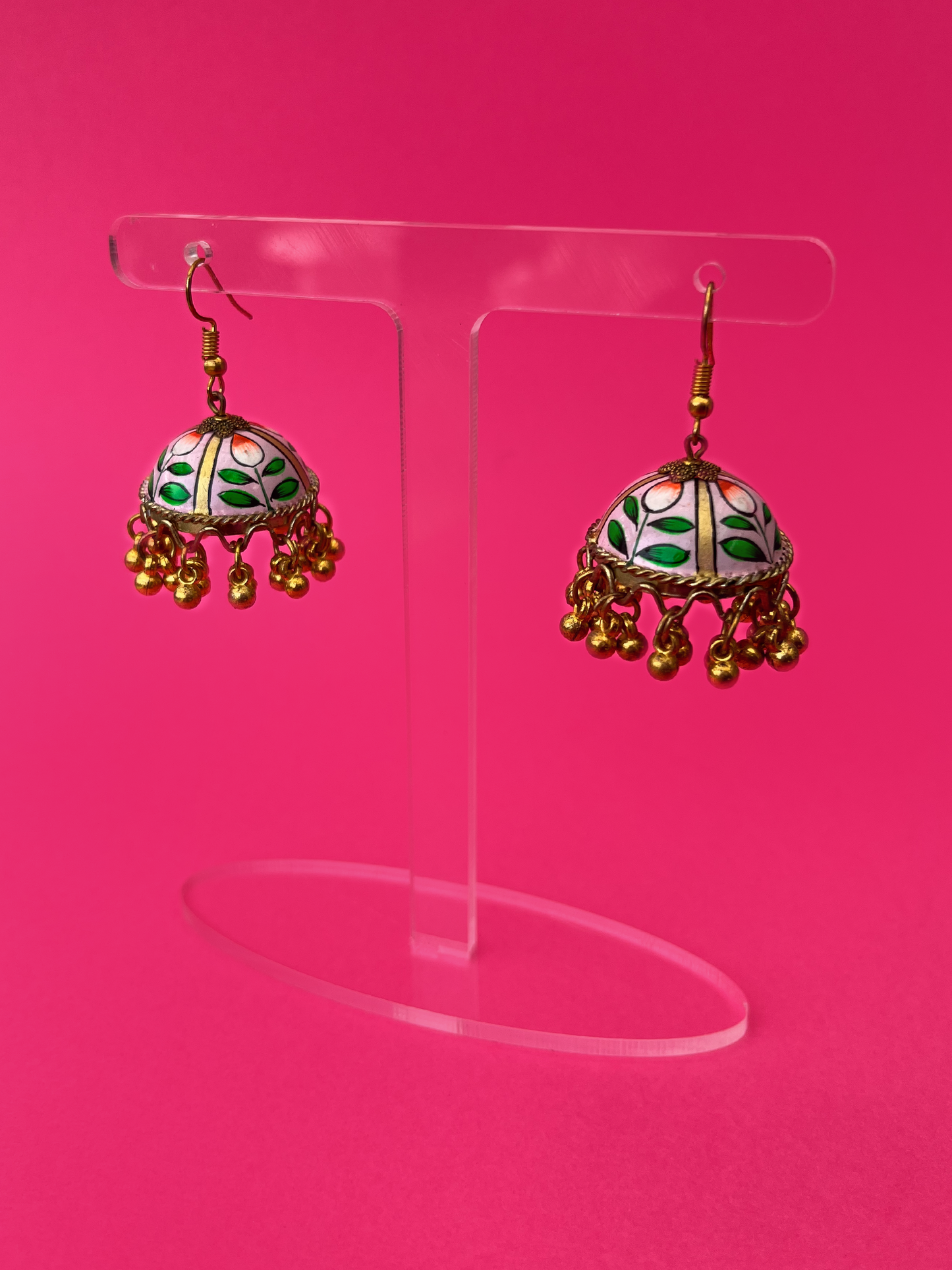 Light Pink, Green and Gold Hand-Painted Gold-Plated Jhoomka with Hook
