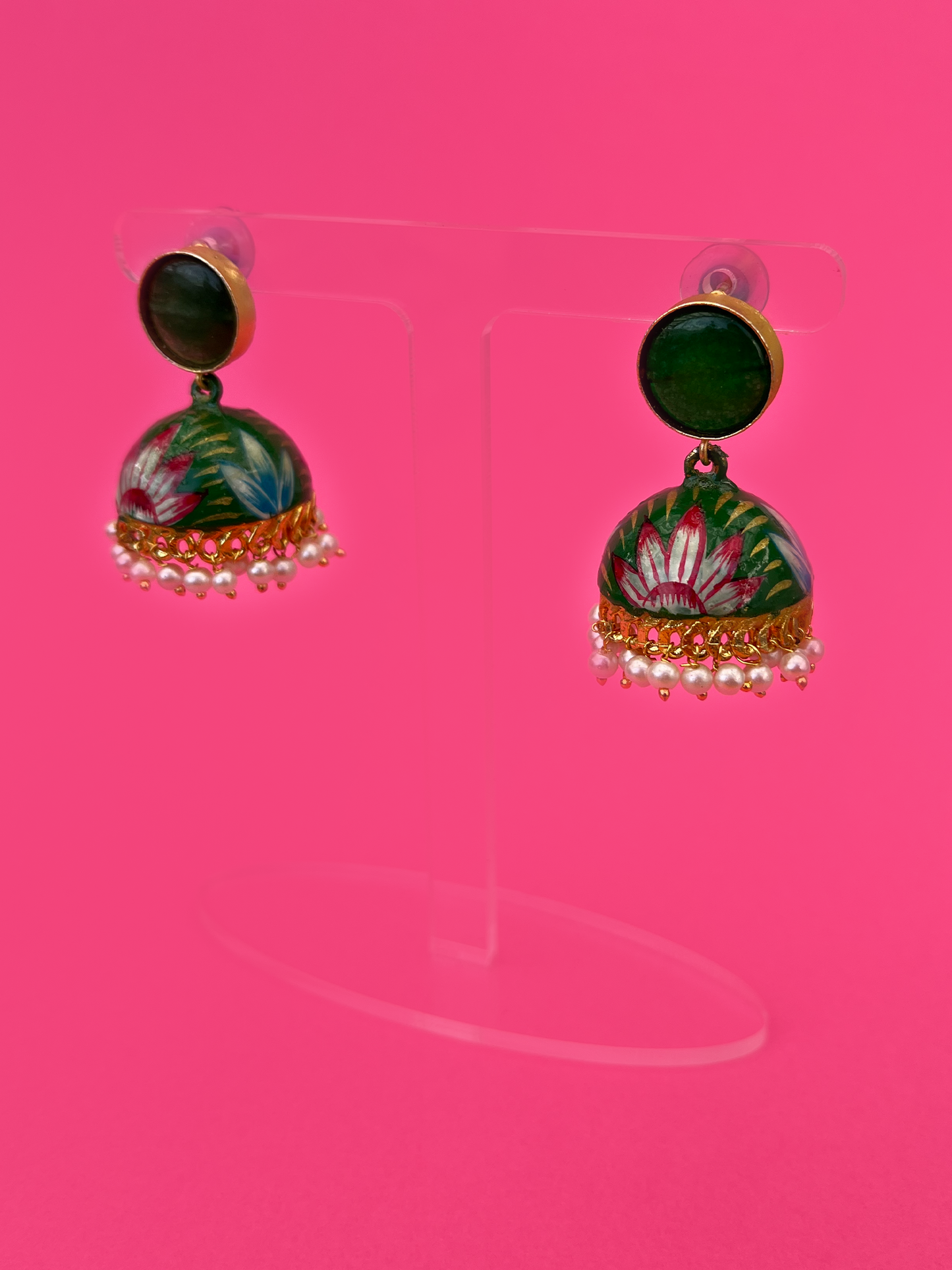 Dark Green Protea-Design Hand-Painted Gold-Plated Jhoomka