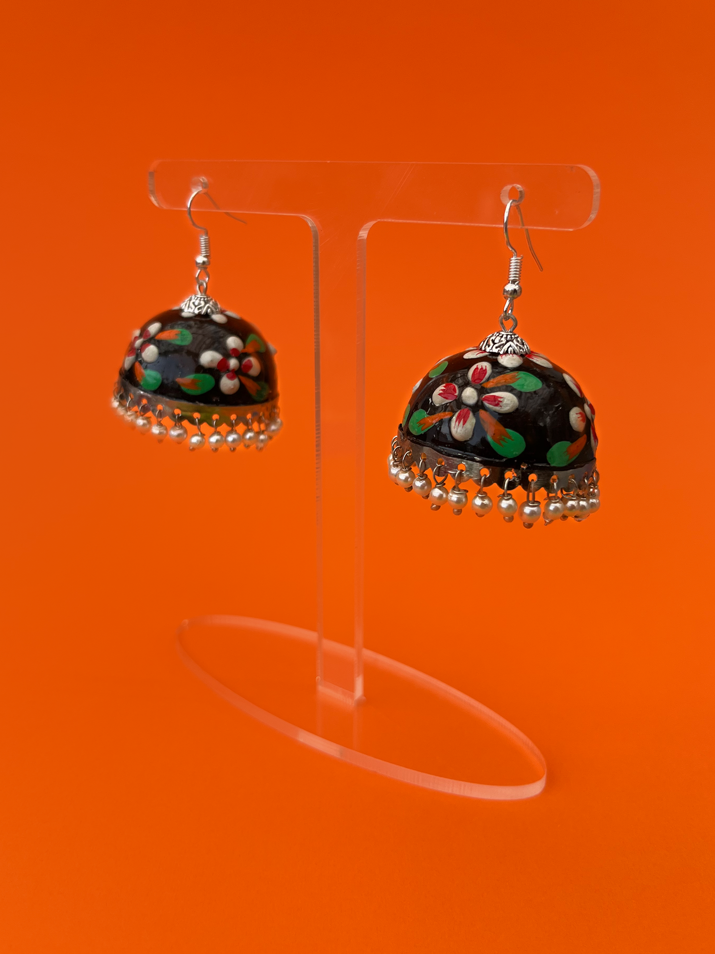 Black and Green Hand-Painted Silver-Plated Jhoomka with Hook and Pearls