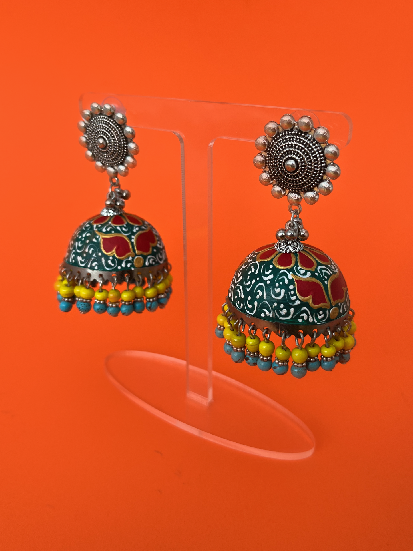 Dark Green and White Hand-Painted Jhoomka with Yellow and Blue Beads