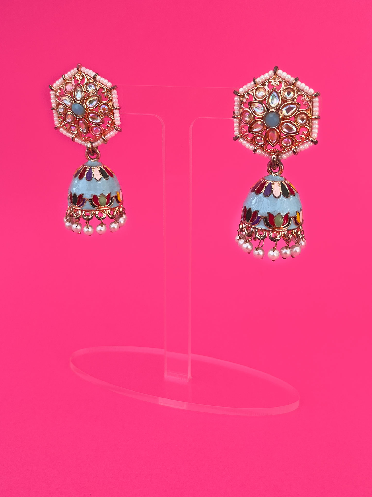 Baby Blue Hand-Painted Gold-Plated Kundan Jhoomka