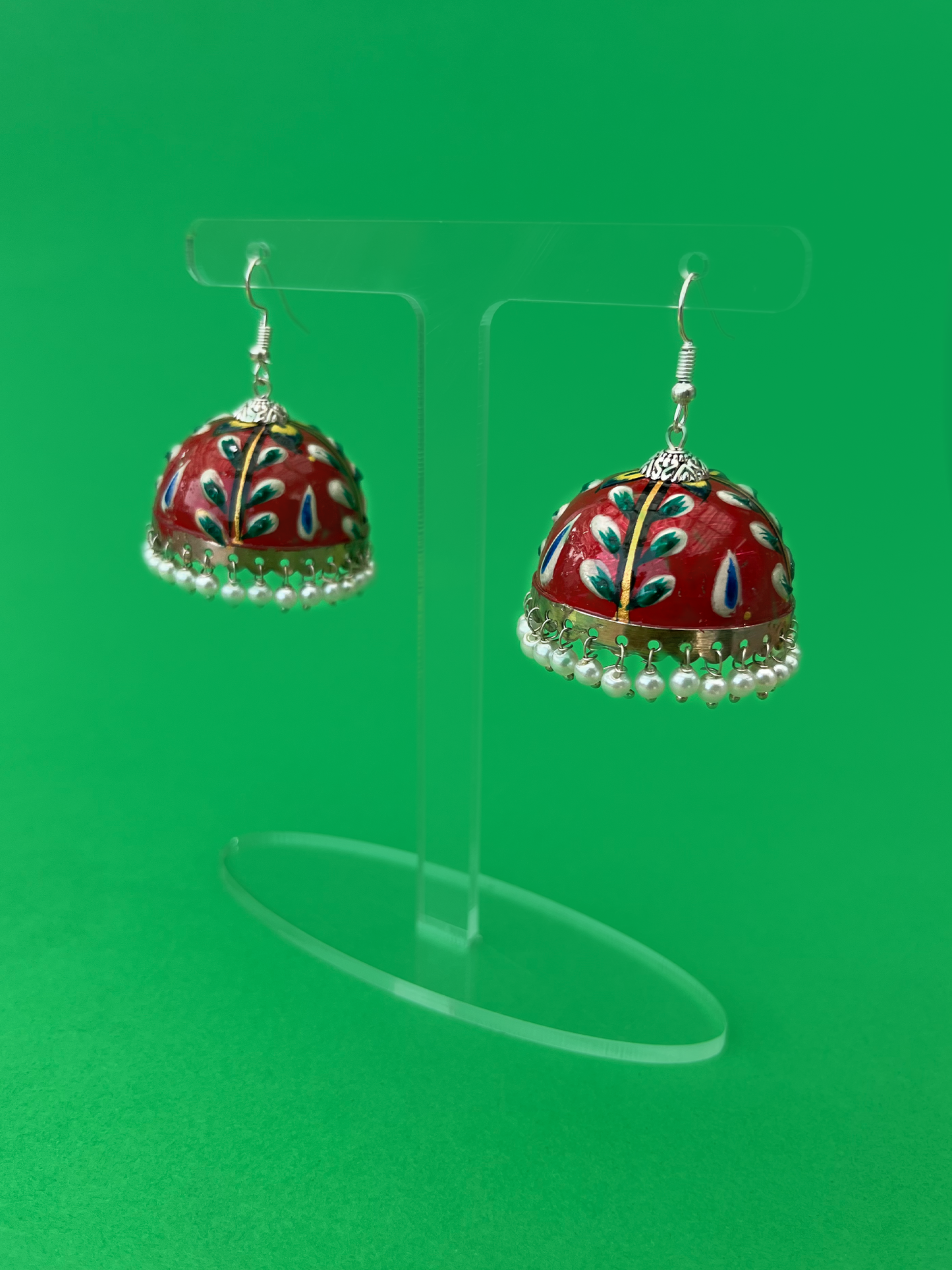 Red and Green Hand-Painted Silver-Plated Jhoomka with Hook and Pearls