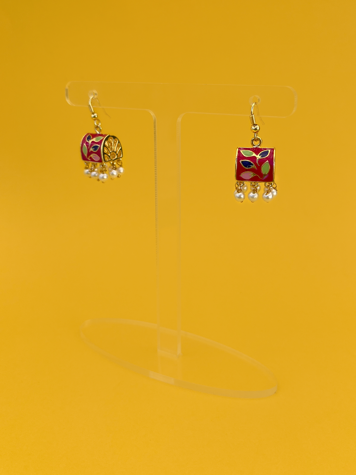 Treasure Chest-Shaped Gold-Plated Pink Jhoomka with Hook