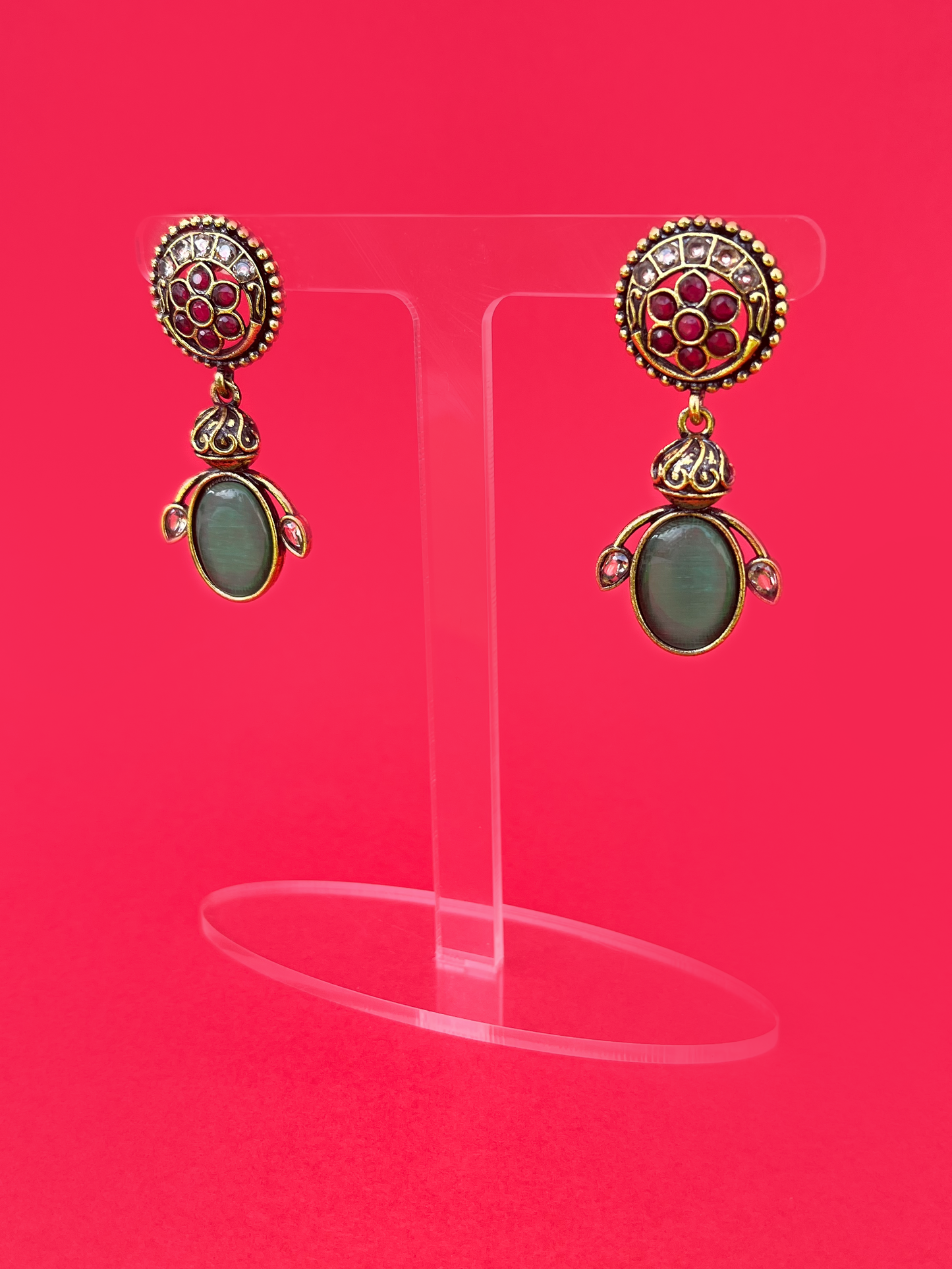 Flower-Design Gold-Plated Earring with Red and Green Stones