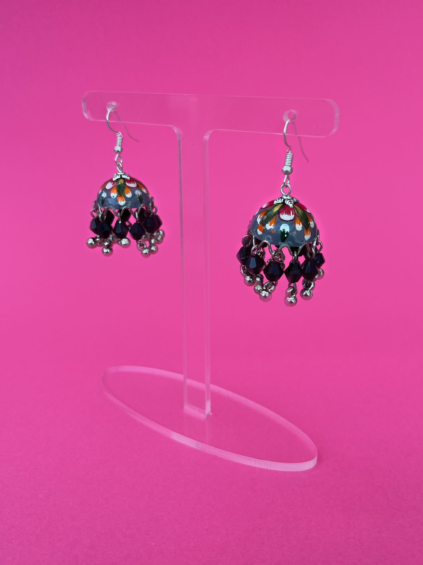 Mini Grey and Orange Hand-Painted Silver-Plated Jhoomka with Hook (Black Beads)