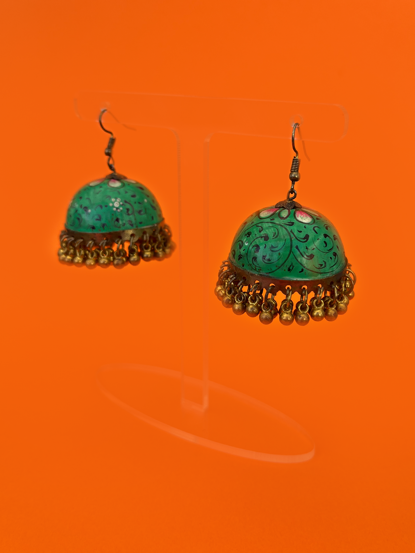 Caribbean Green Hand-Painted Gold-Plated Jhoomka