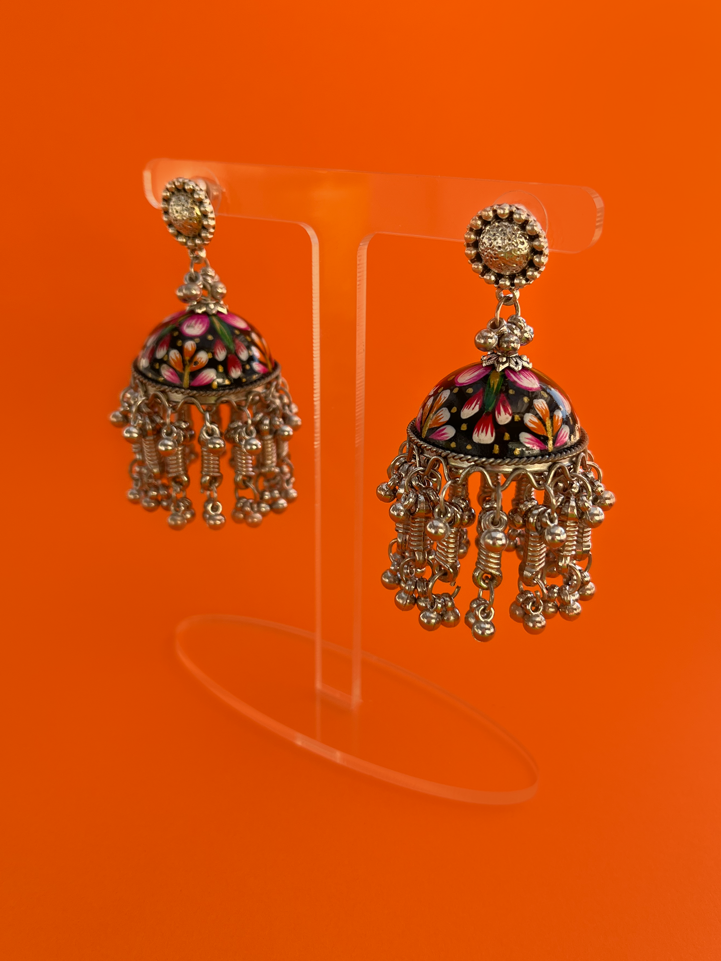 Black Hand-Painted Flower Jhoomka with Assorted Beads