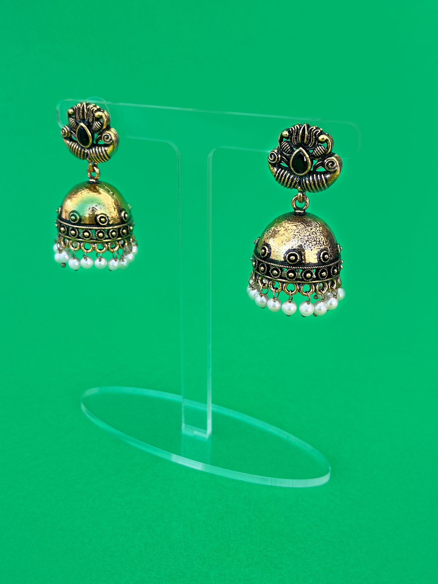 Gold-Plated Meenakari Jhoomka with Black Stone