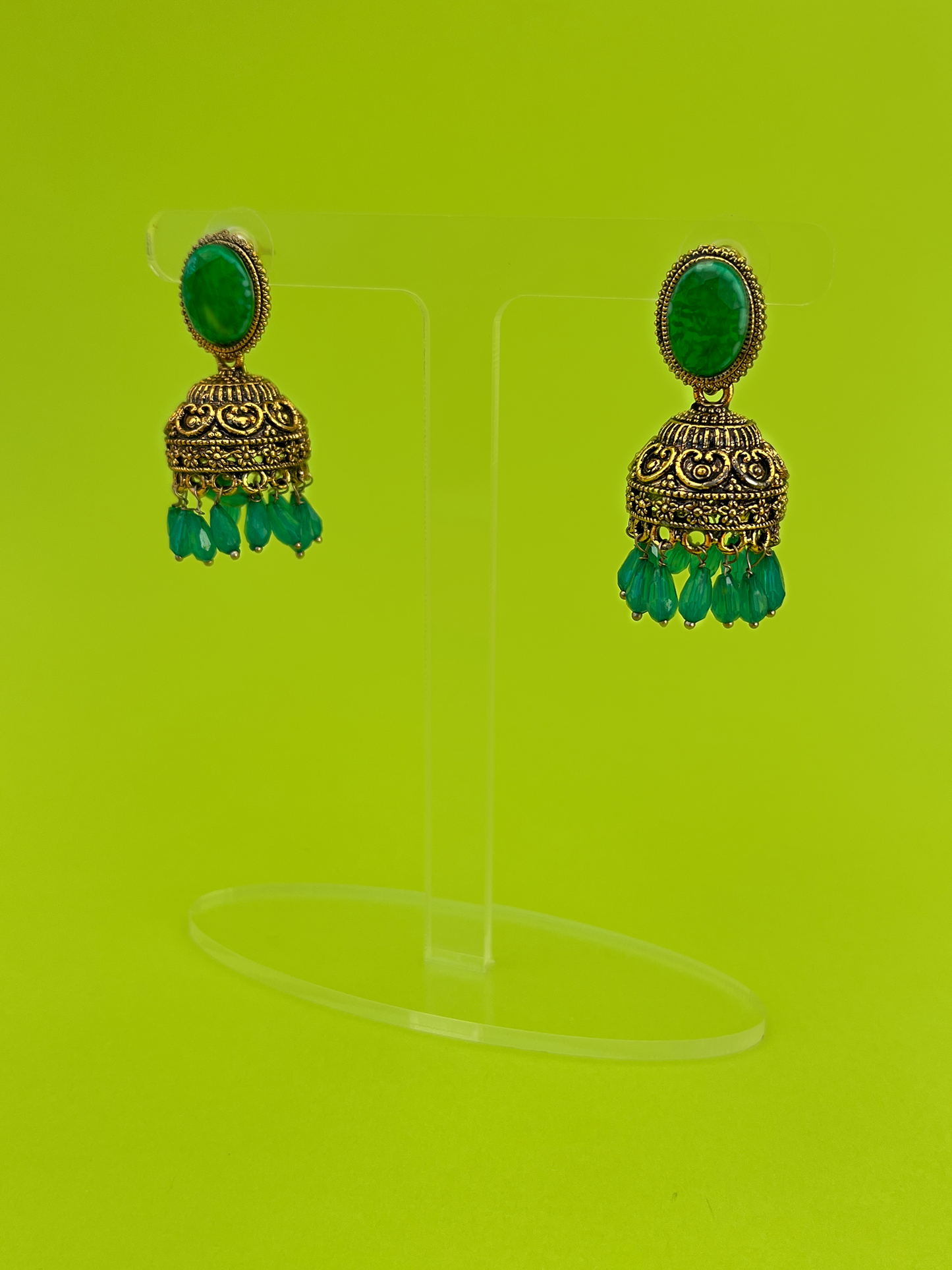 Gold-Plated Bell Jhoomka with Green Stones
