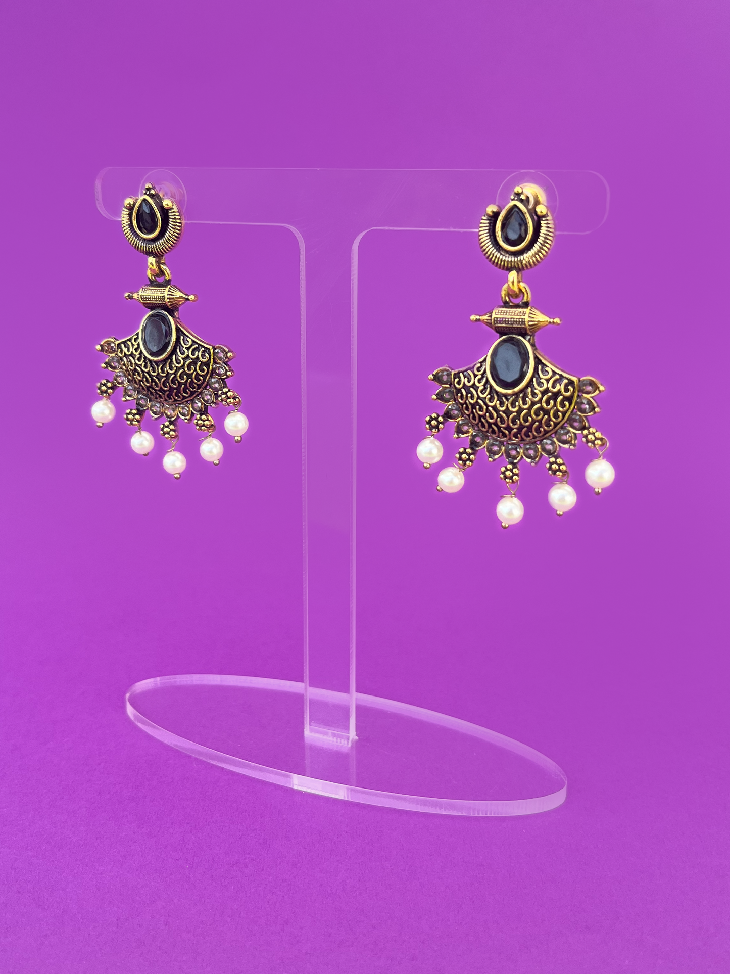 Gold-Plated Dangling Earring with Black-Coloured Stones