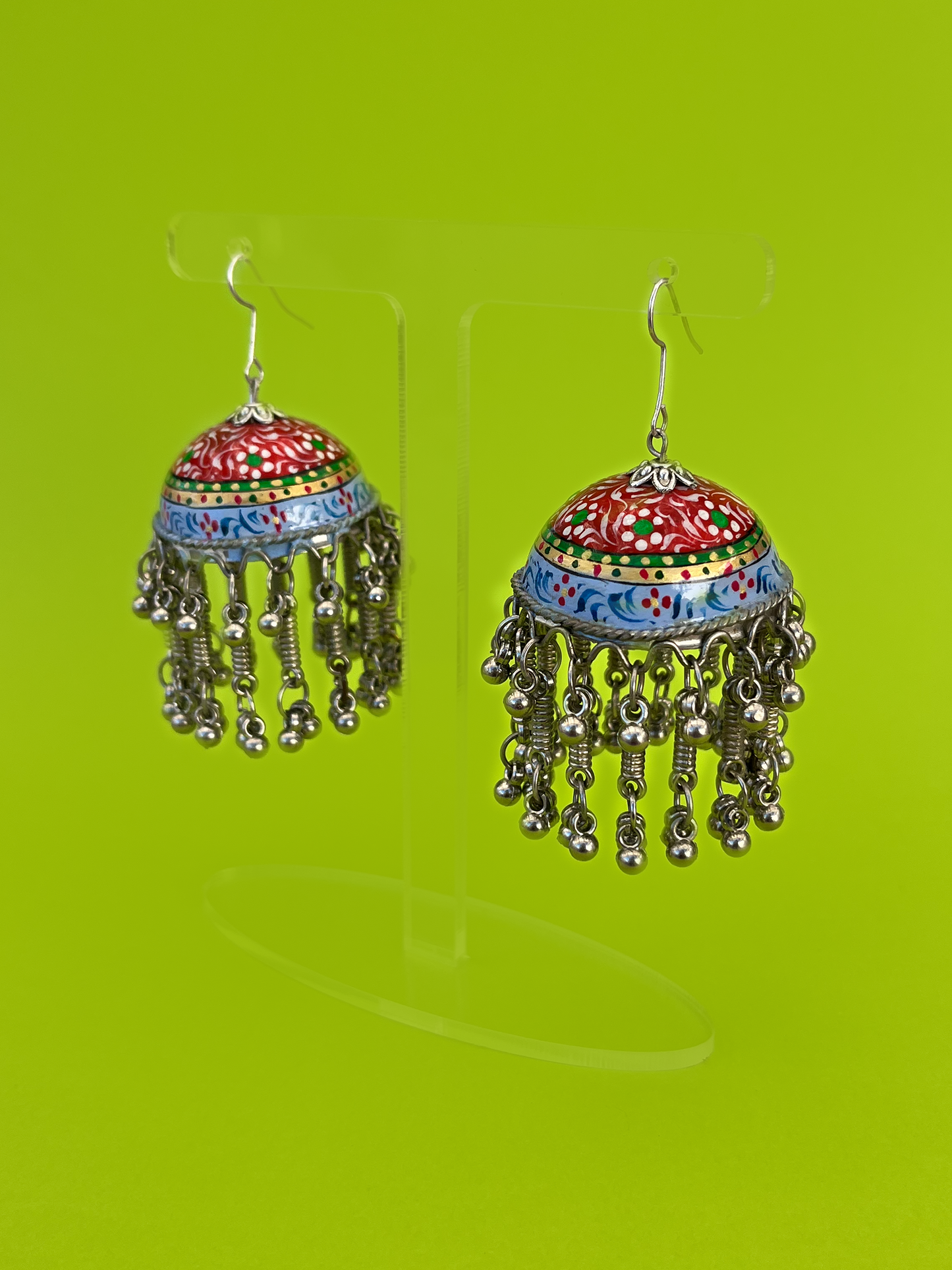 Multicoloured Hand-Painted Silver-Plated Meenakari Jhoomka