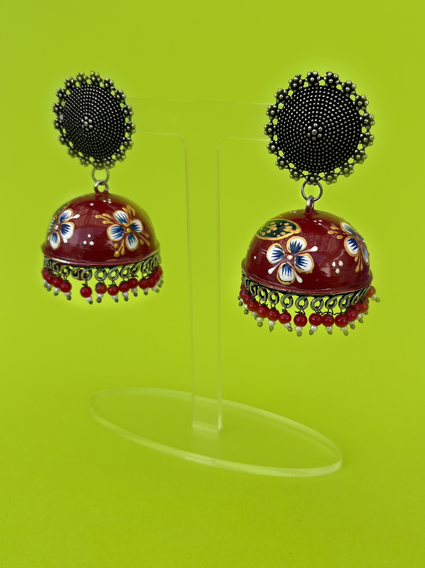 Maroon Hand-Painted Meenakari Jhoomka with Peacock