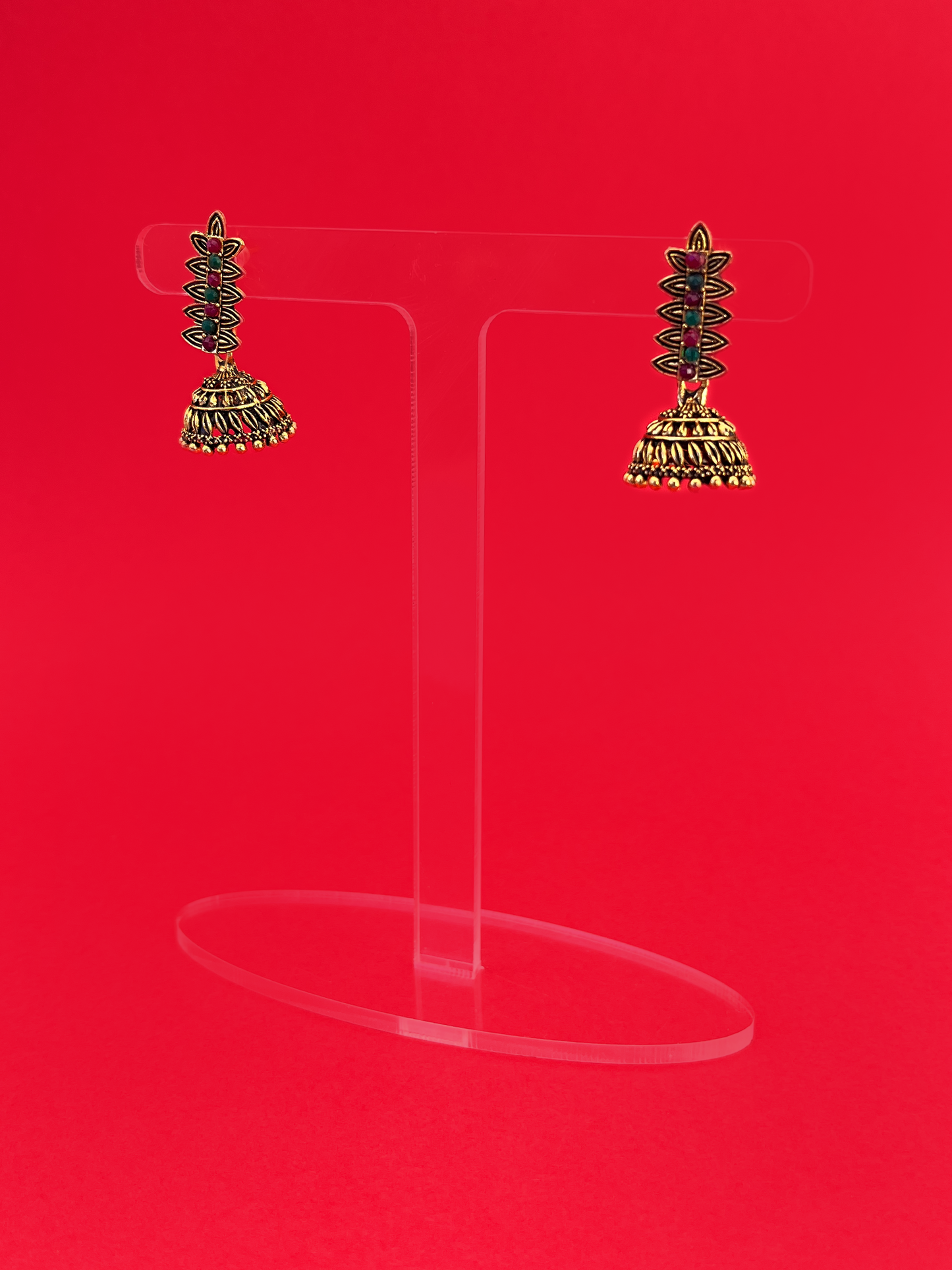 Mini Gold-Plated Oxidised Jhoomka with Multicoloured Stones