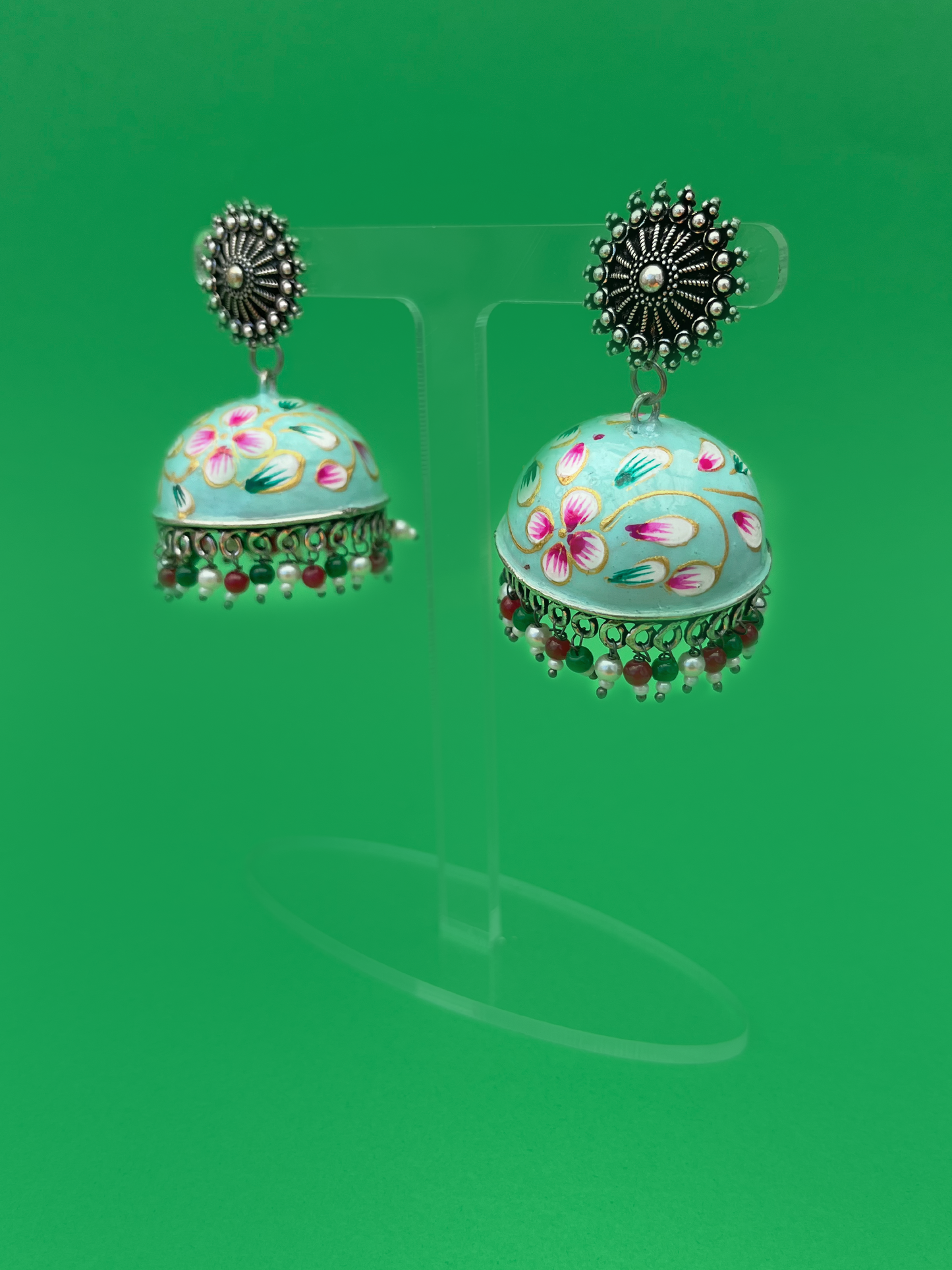 Mint Green Hand-Painted Meenakari Jhoomka with Flowers