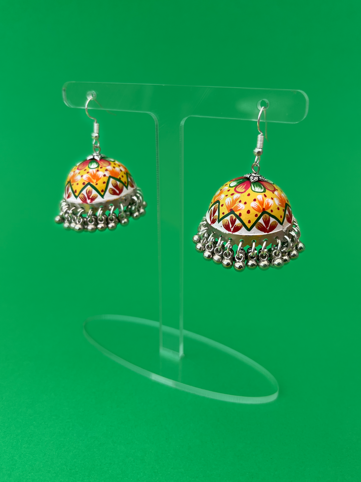 Light Yellow and Multi-Coloured Hand-Painted Silver-Plated Jhoomka with Hook