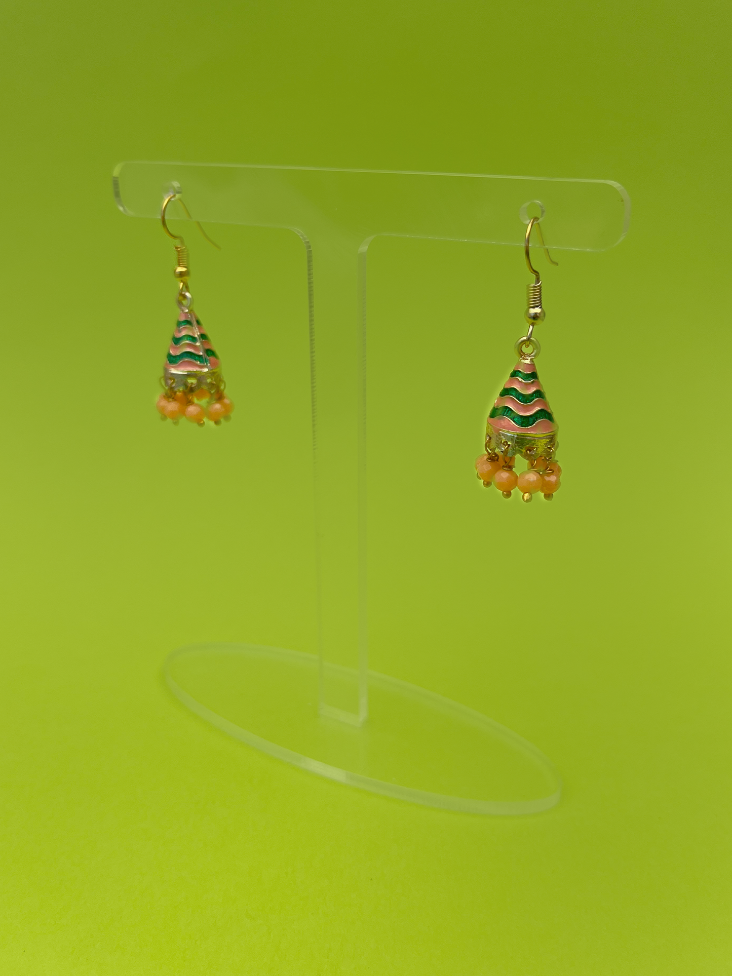 Peach and Green Cone-Shaped Gold-Plated Mini Jhoomka with Hook