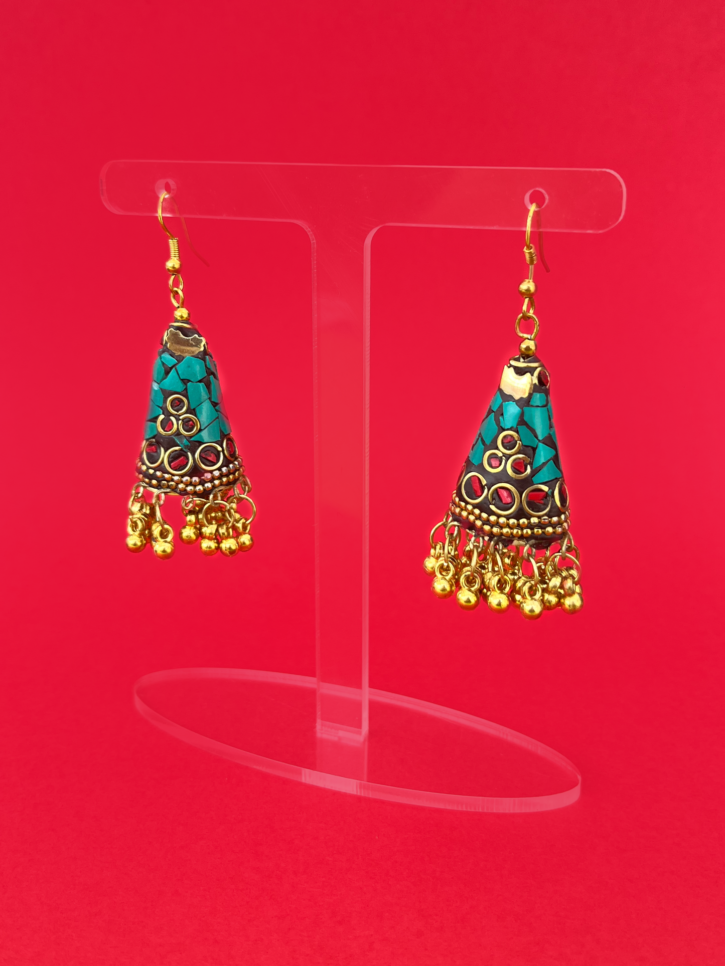 Turquoise Stone Gold-Plated Meenakari Jhoomka with Gold Beads