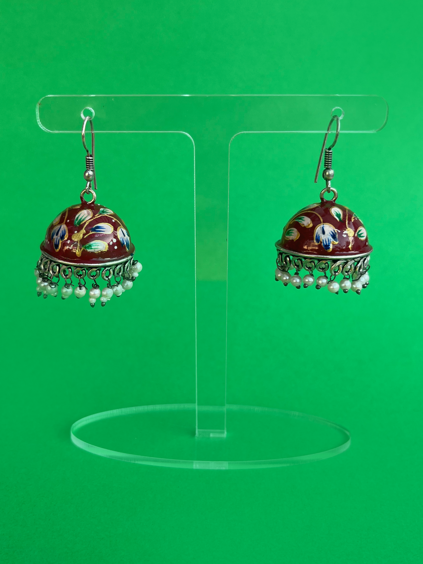 Maroon Hand-Painted Meenakari Jhoomka with Hook