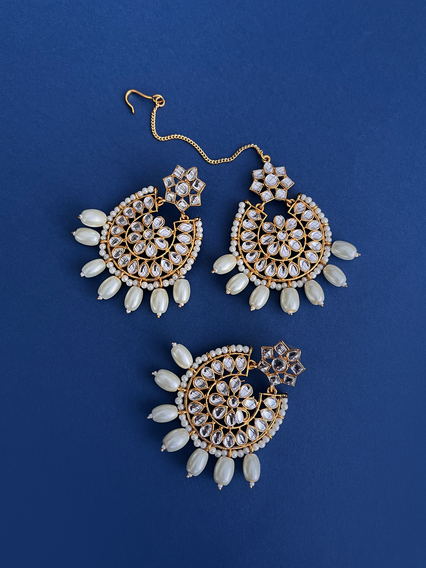 Pearl and Gold Chandbali Earring and Maang Tikka Set