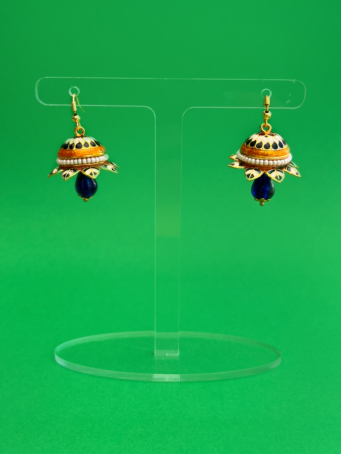 Flower-Shaped Gold-Plated Meenakari Jhoomka with Hook - Teal and Orange