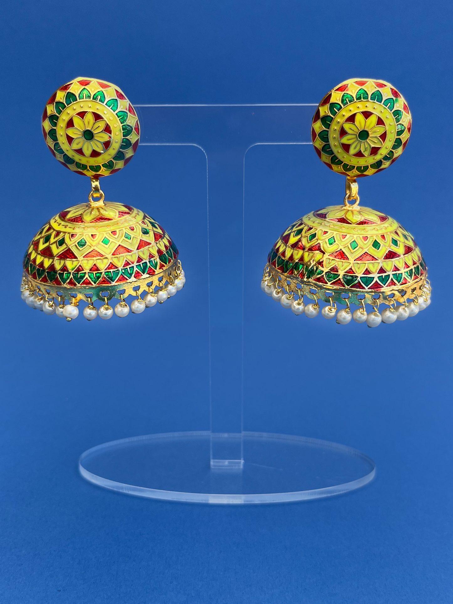 Yellow, Red and Green Hand-Painted Meenakari Jhoomka