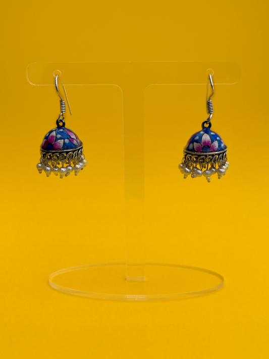 Blue and Purple Hand-Painted Meenakari Jhoomka with Hook