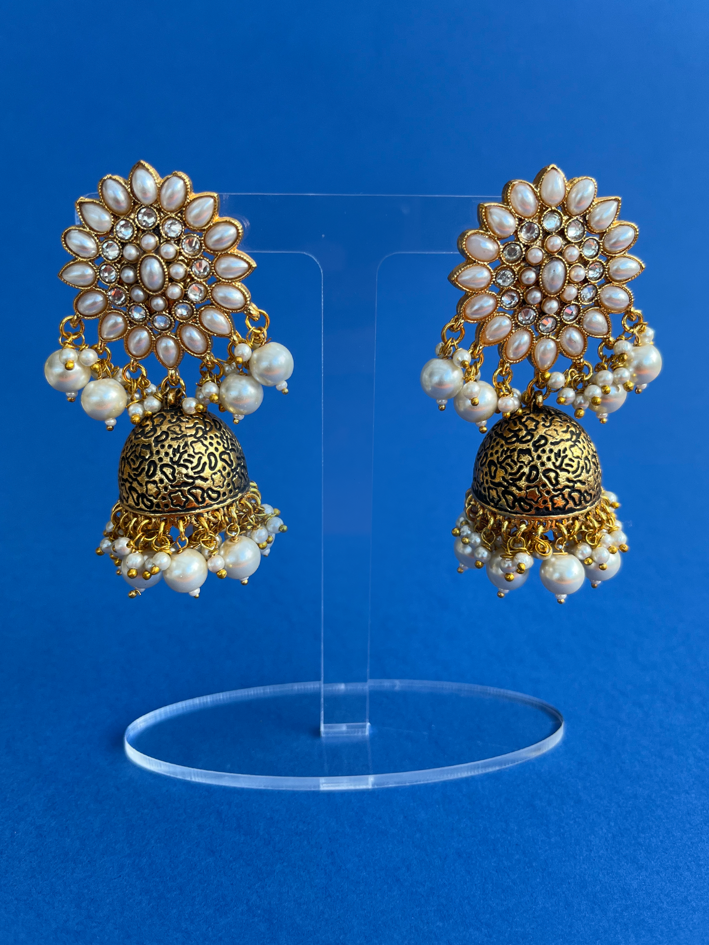 Gold-Plated Kundan Jhoomka with Pearls and Flower Design
