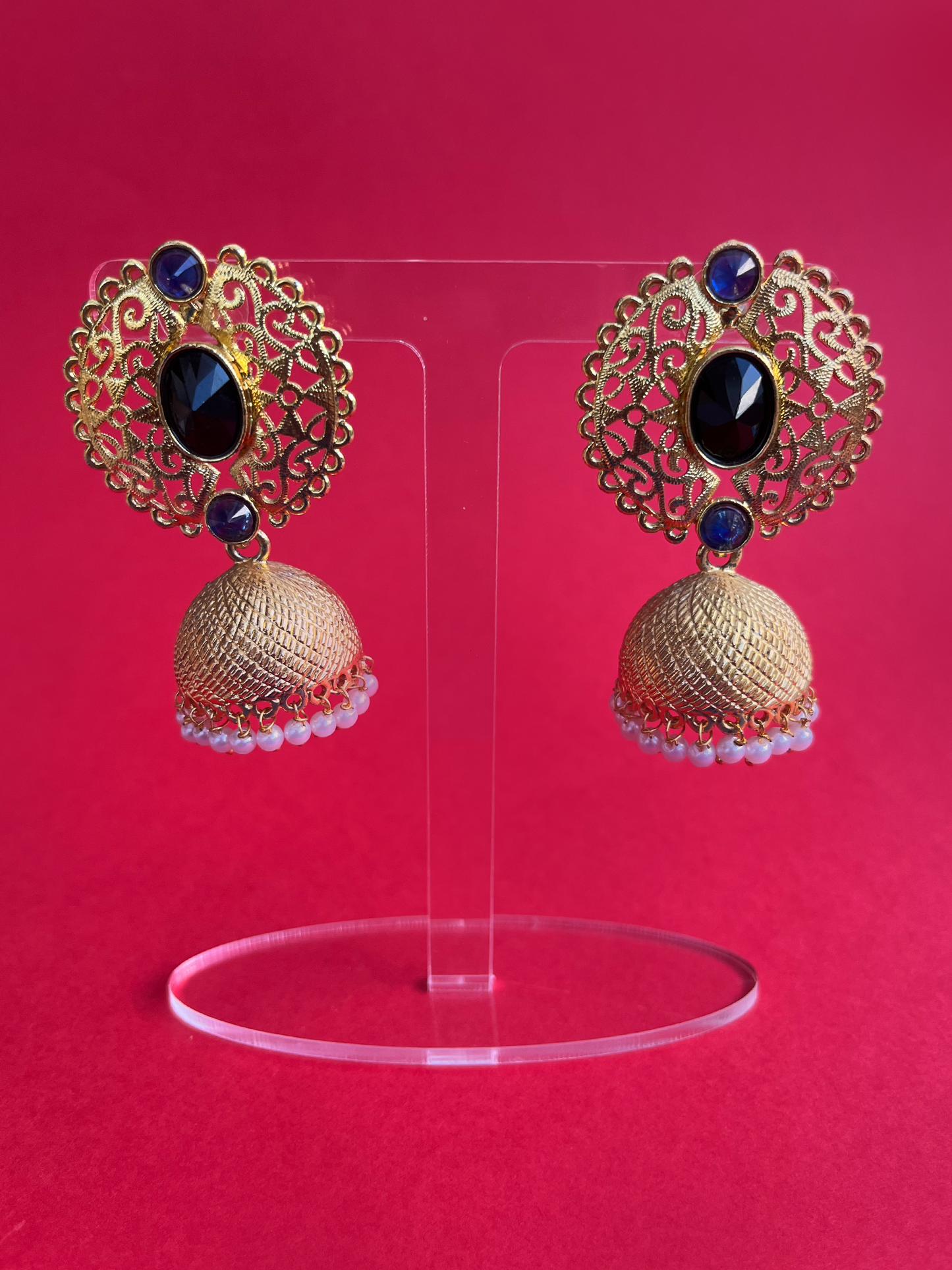 Gold-Plated Kundan Jhoomka with Pearls and Dark Blue Beads