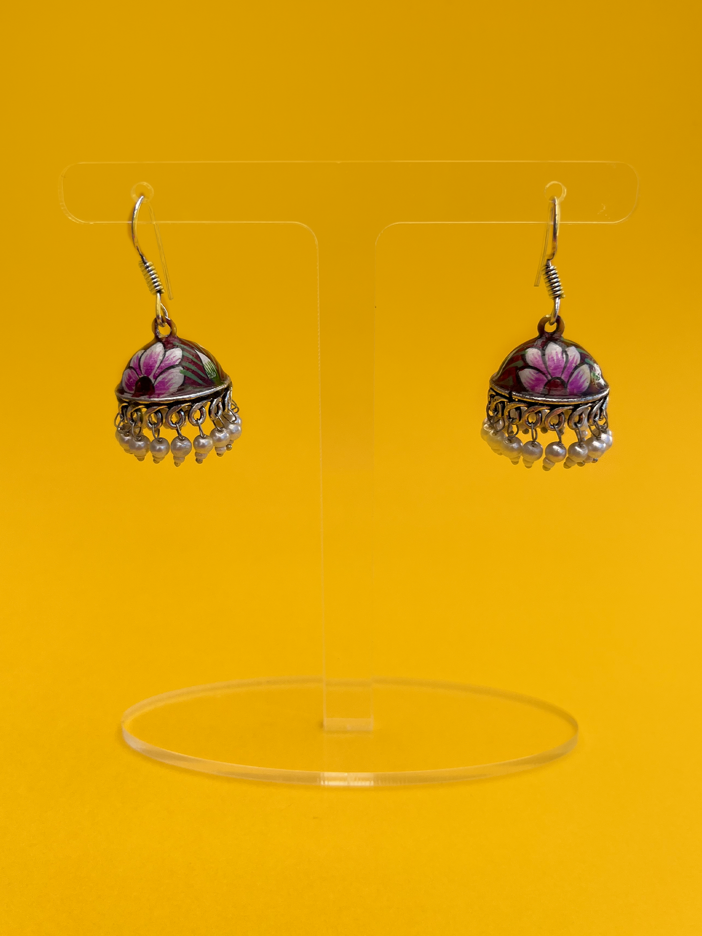 Maroon, Purple and Green Hand-Painted Meenakari Jhoomka with Hook