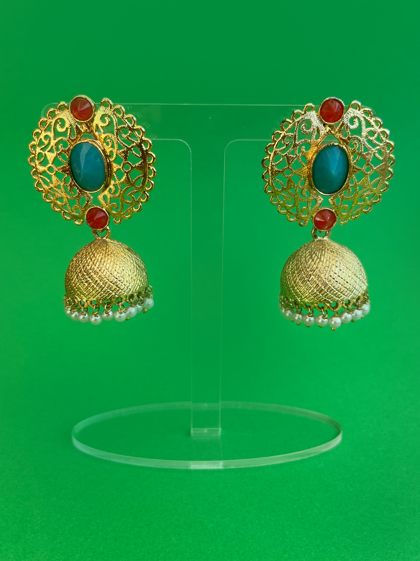 Gold-Plated Kundan Jhoomka with Orange and Turquoise Stones