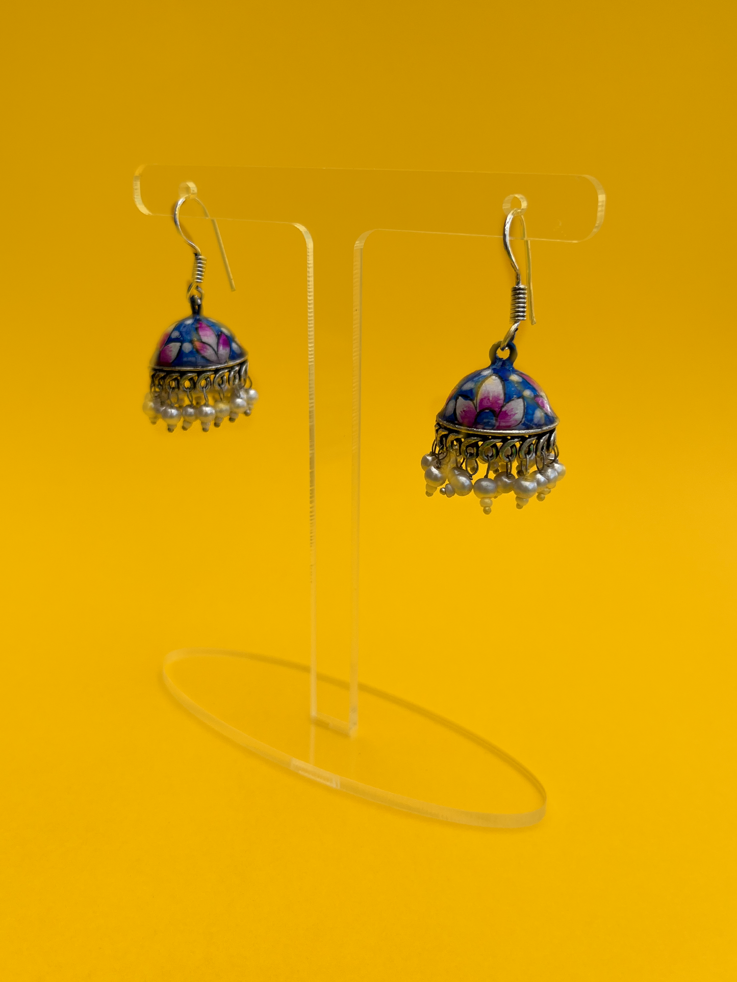 Blue and Purple Hand-Painted Meenakari Jhoomka with Hook