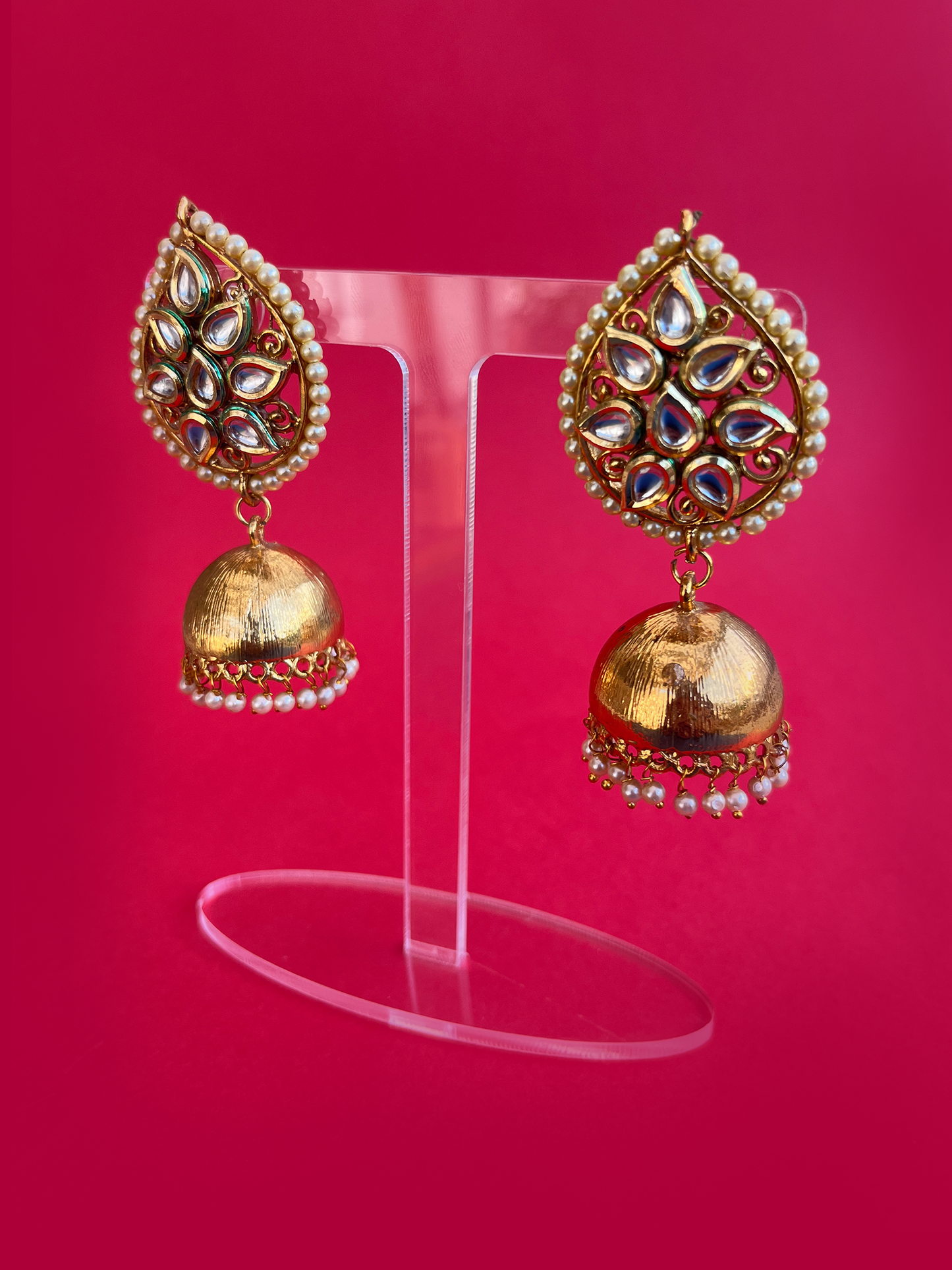 Gold-Plated Teardrop Kundan Jhoomka with Diamantés and Pearls