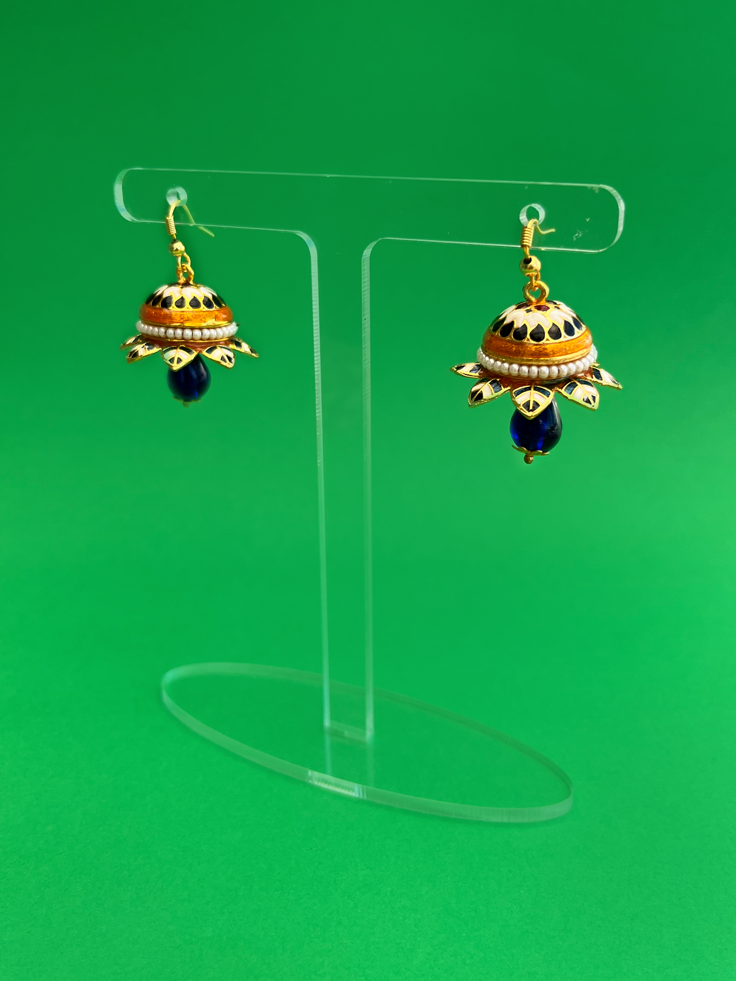 Flower-Shaped Gold-Plated Meenakari Jhoomka with Hook - Teal and Orange