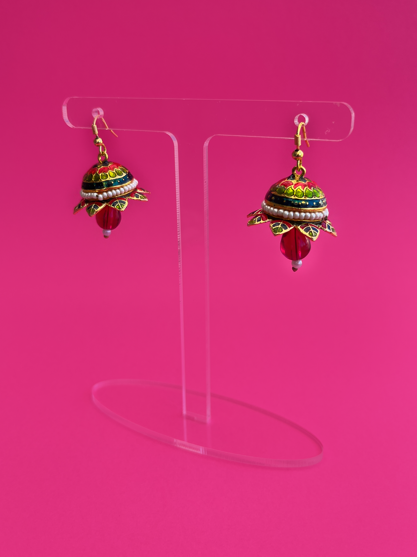 Flower-Shaped Gold-Plated Meenakari Jhoomka with Hook - Raspberry Red, Green and Teal