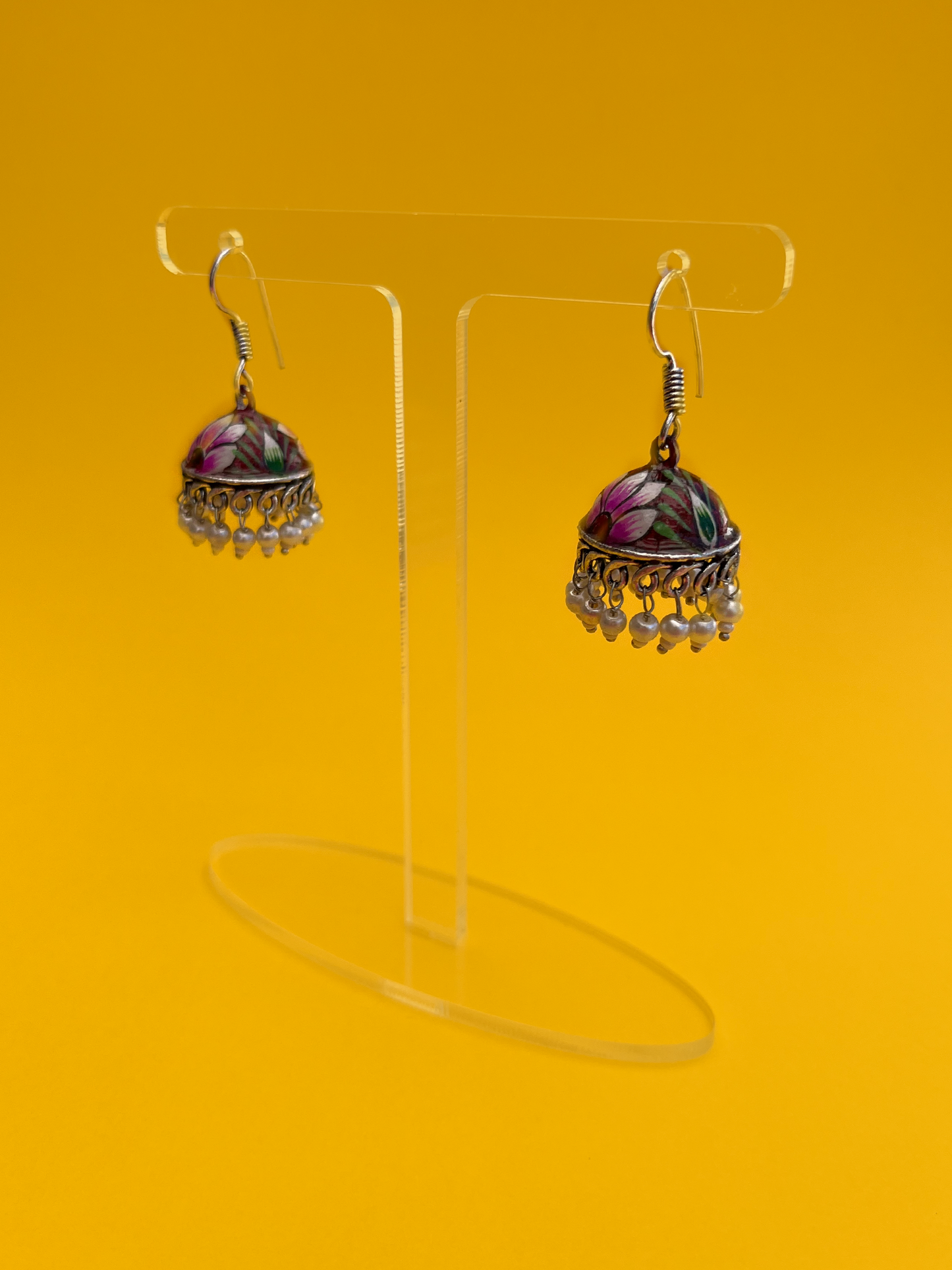 Maroon, Purple and Green Hand-Painted Meenakari Jhoomka with Hook