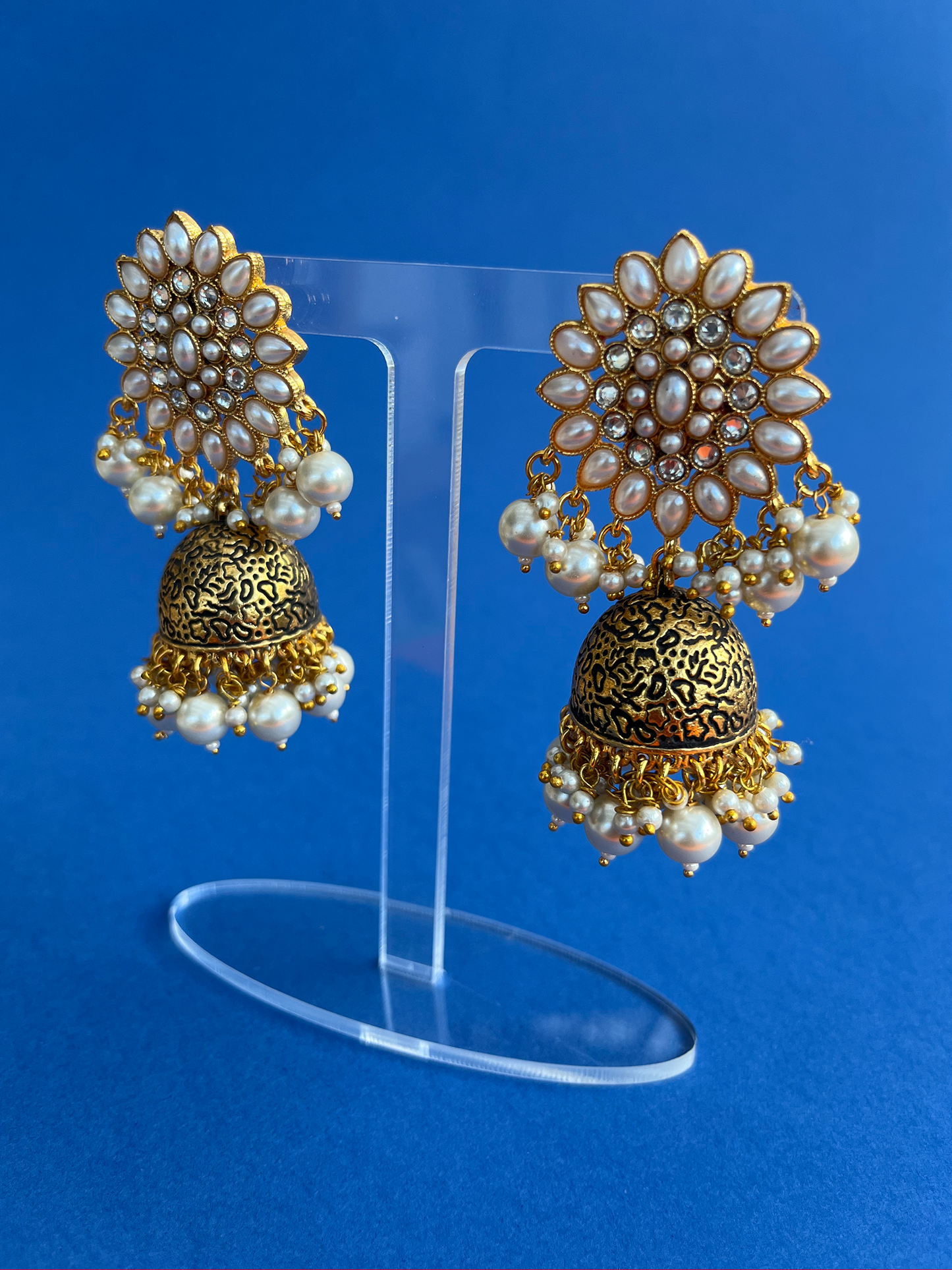 Gold-Plated Kundan Jhoomka with Pearls and Flower Design