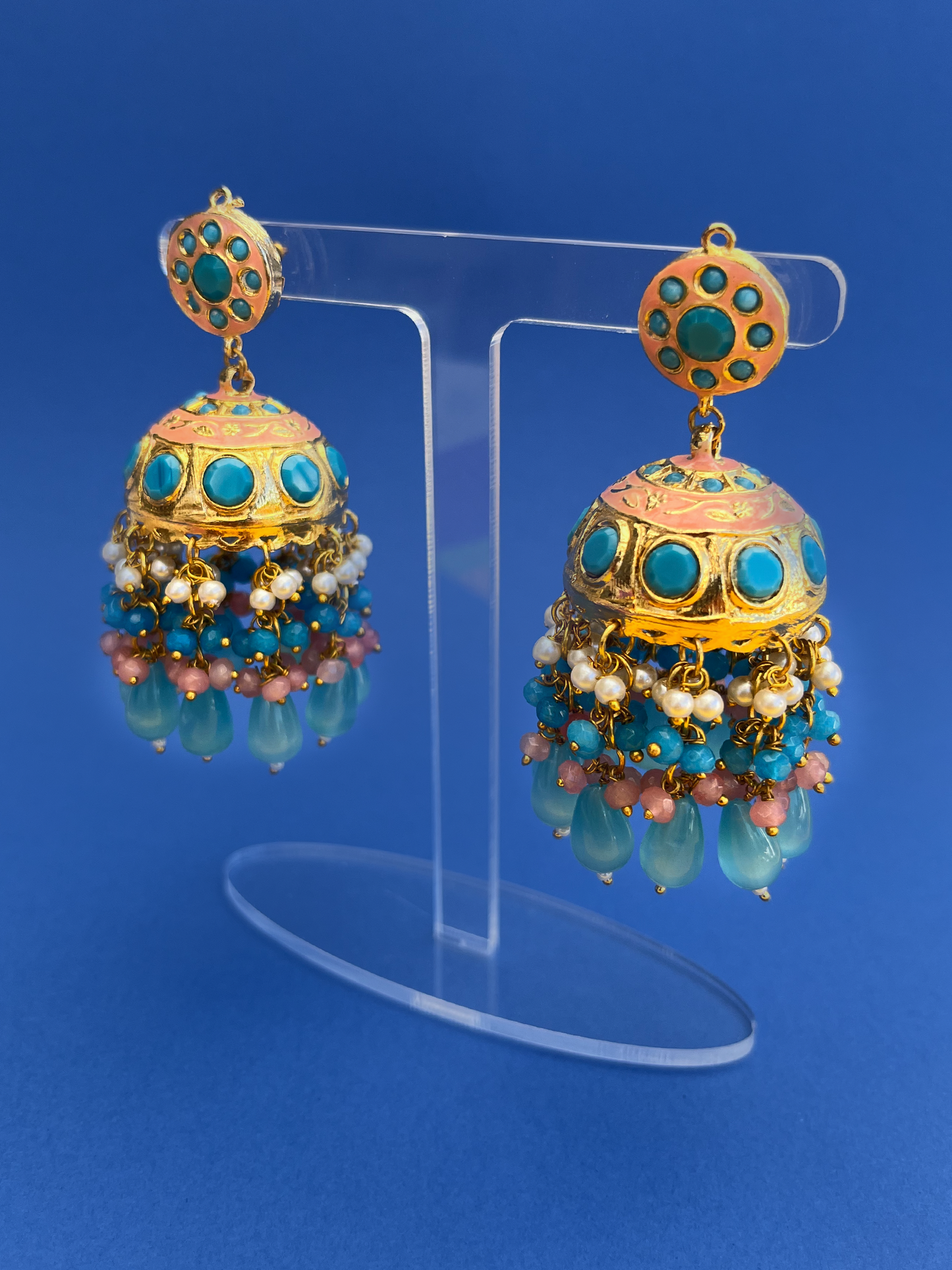 Peach Hand-Painted Meenakari Jhoomka with Turquoise Stones