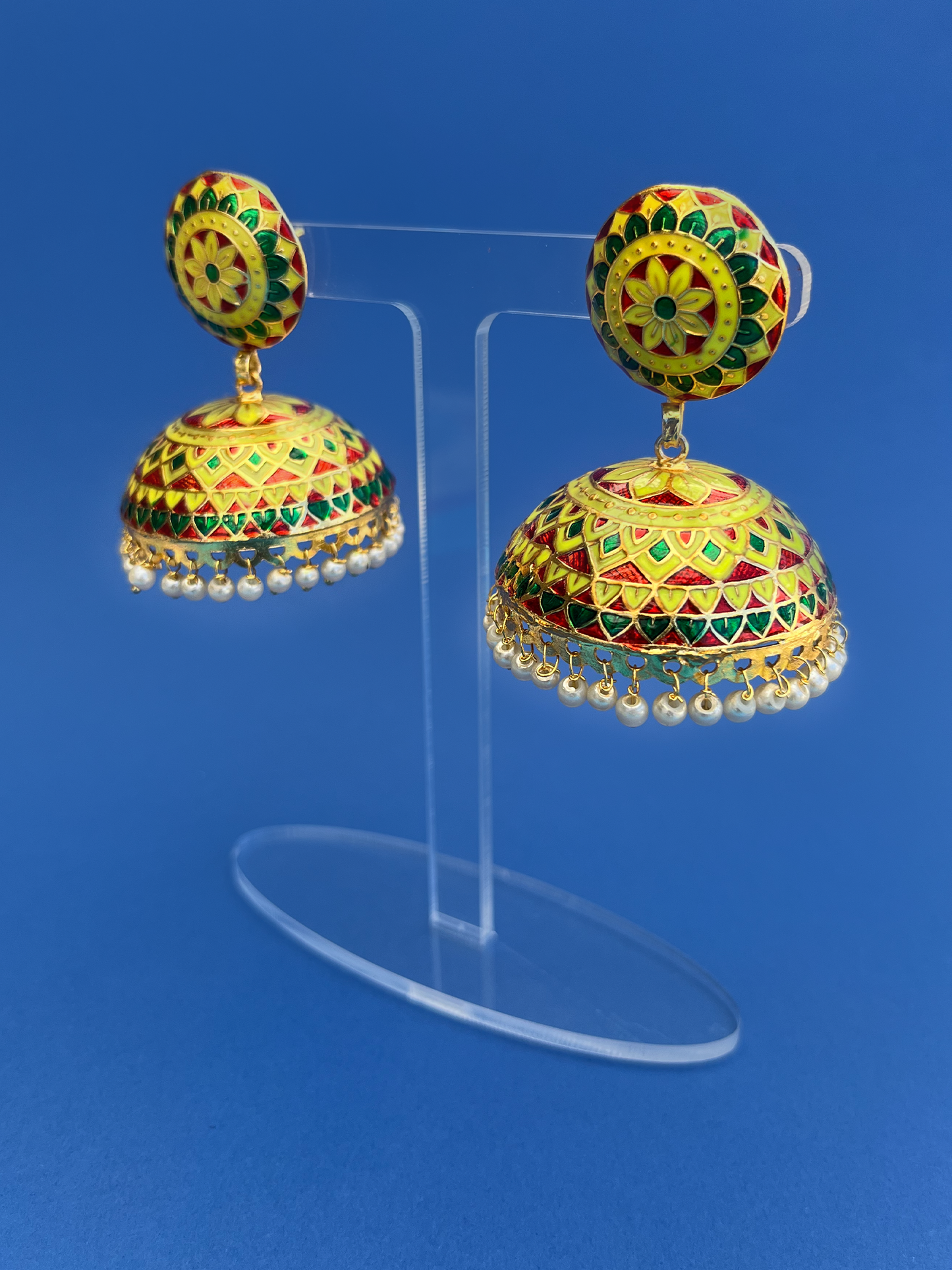 Yellow, Red and Green Hand-Painted Meenakari Jhoomka