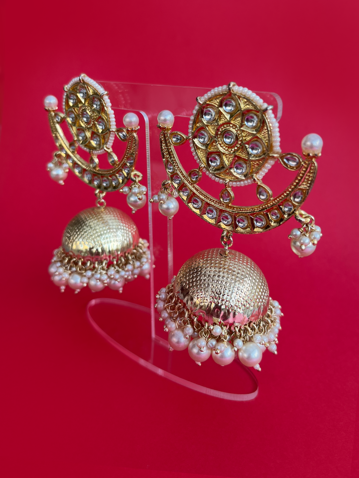 Gold-Plated Kundan Jhoomka with Diamantés and Pearls